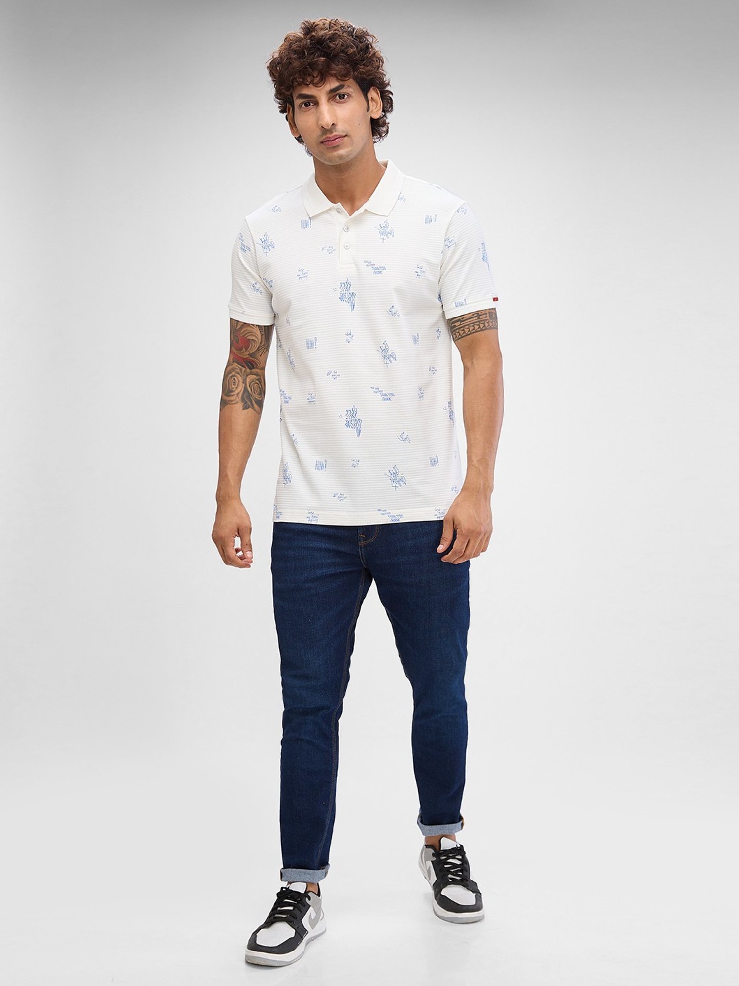 Spykar White Slim Fit Printed Polo T-Shirt