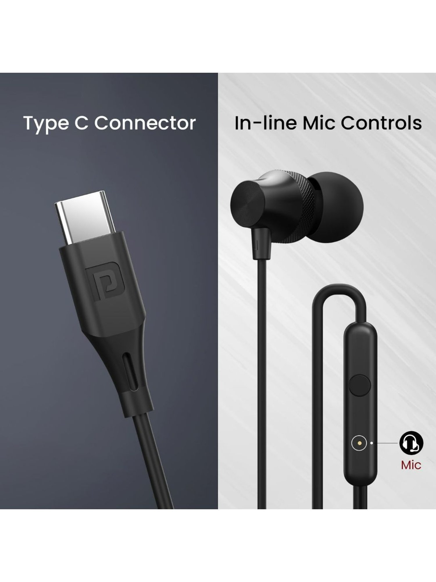 Portronics Conch Beat C in Ear Wired Earphones with Mic, Type C Audio Jack, 10mm Driver (Black)