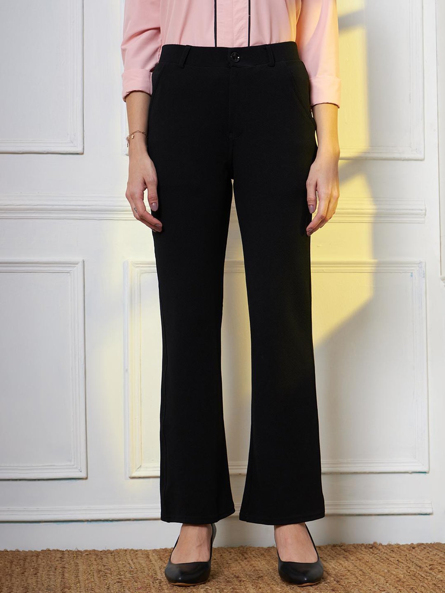 FITHUB Black Regular Fit High Rise Trousers