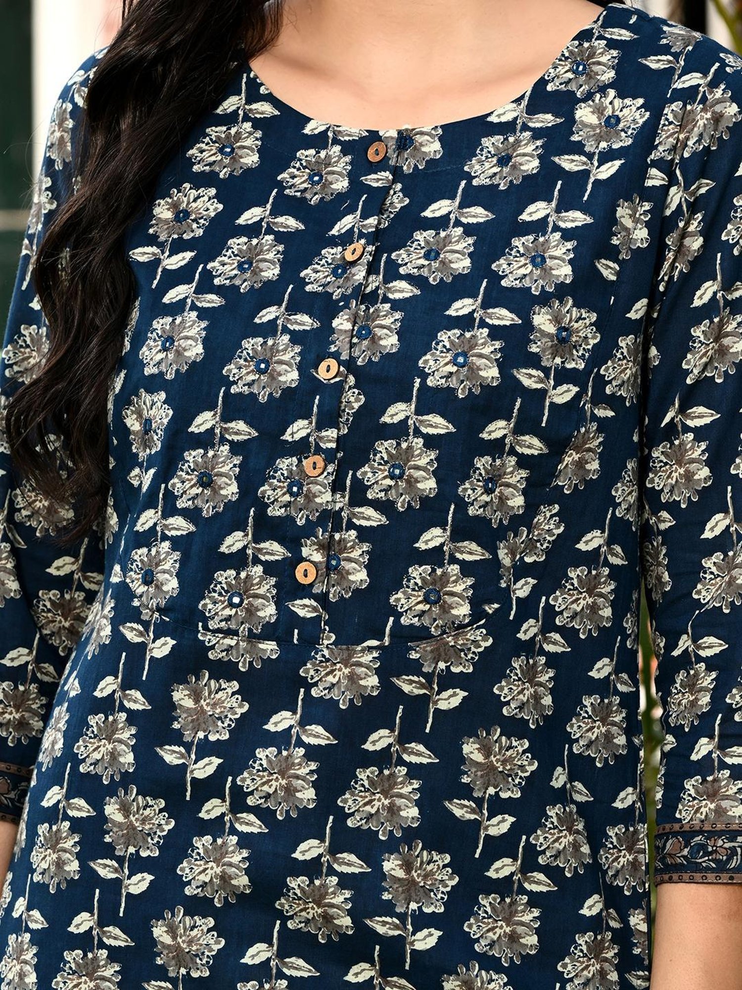 DECKEDUP Navy Floral Print Kurta With Pants