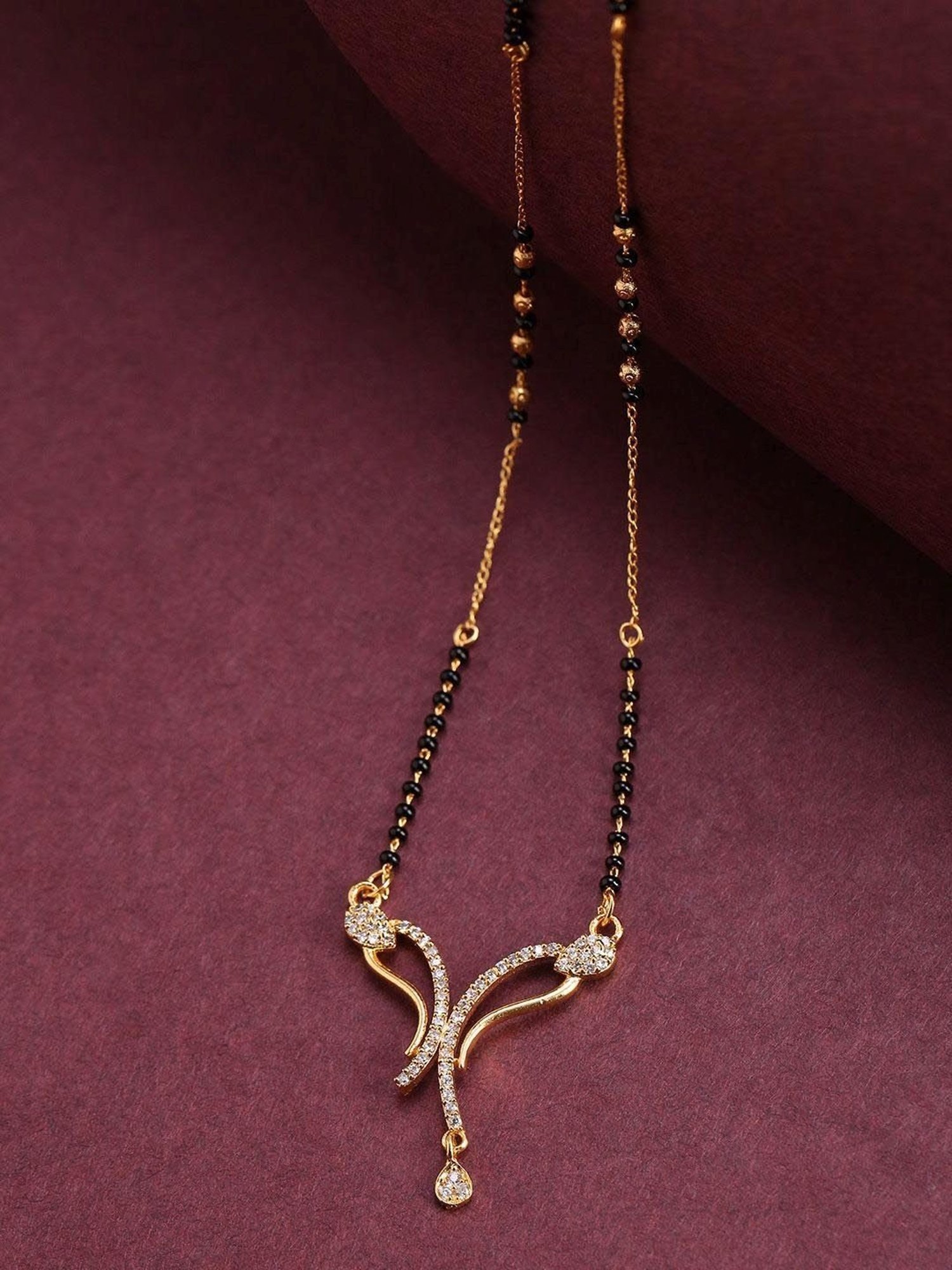 Abdesigns Gold-Plated American Diamond & Black Beaded Mangalsutra