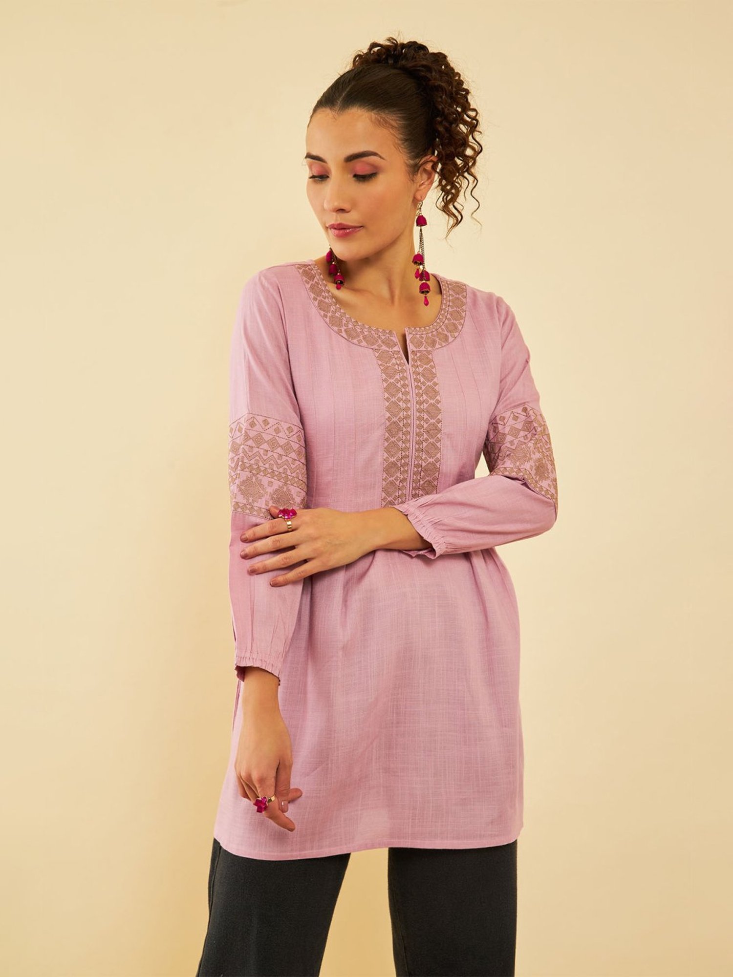 Soch Purple Rayon Slub Yoke Embroidery A-Line Tunic With Darts