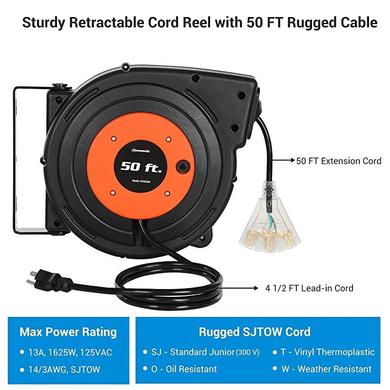 Retractable Extension Cord Reel 50 FT Heavy Duty Power Cord 14AWG3C SJTOW 3 Grounded Outlets Lighted Triple Tap 13 Amp Circuit Breaker UL Listed