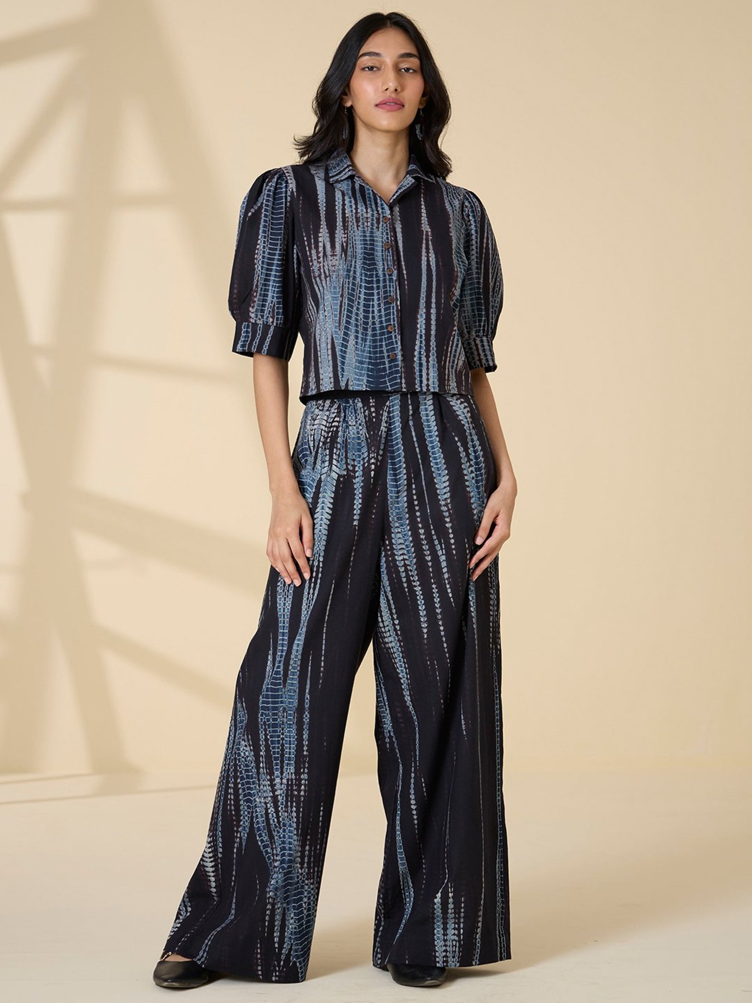 Okhai Black Cotton Printed Relaxed Fit High Rise Pants
