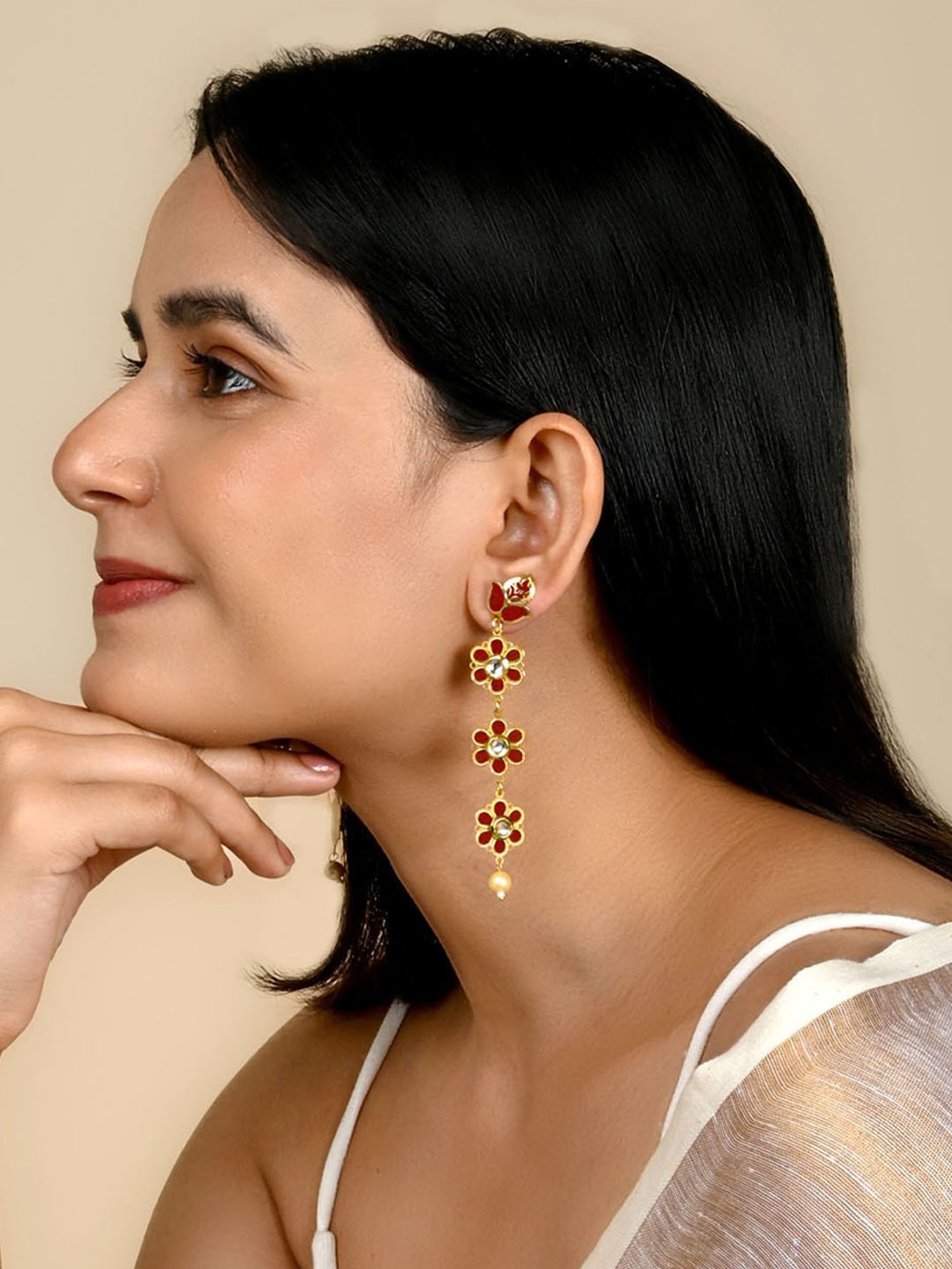 Teejh Daivey Maroon & Golden Dangler Earrings