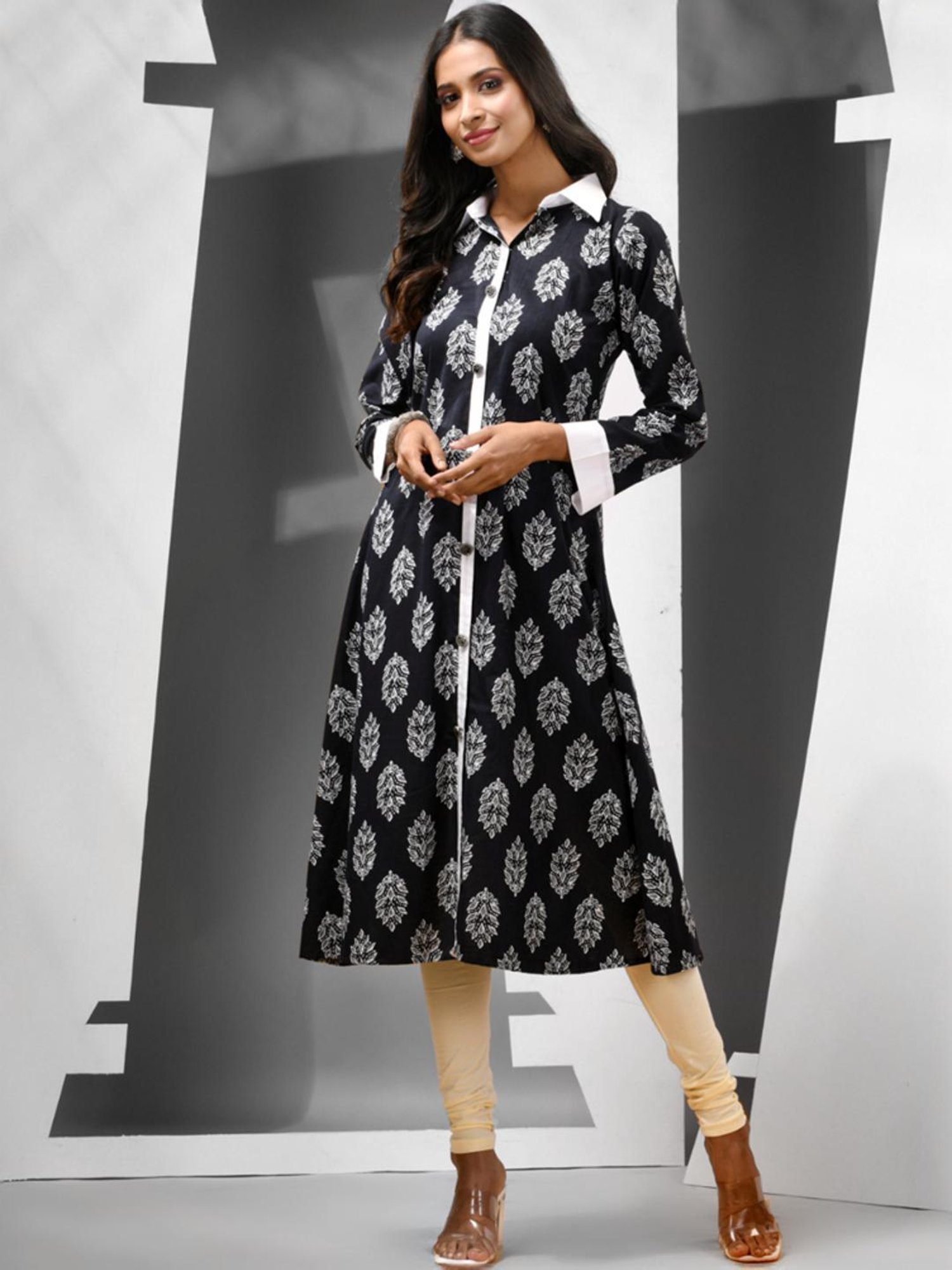 CHARUKRITI Black Cotton Printed A Line Kurta