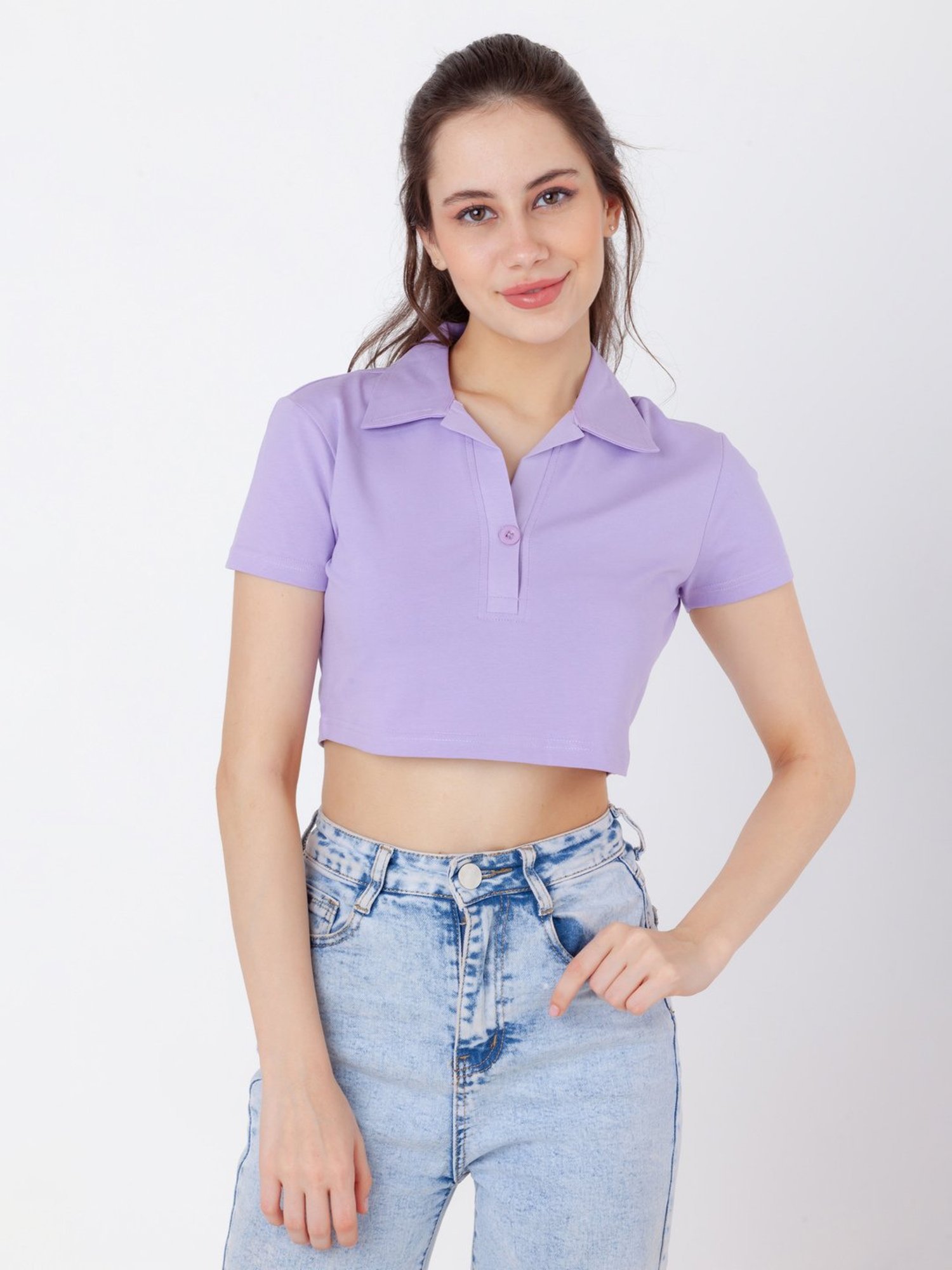 Zink London Lavender Cotton Regular Fit Crop Polo T-Shirt