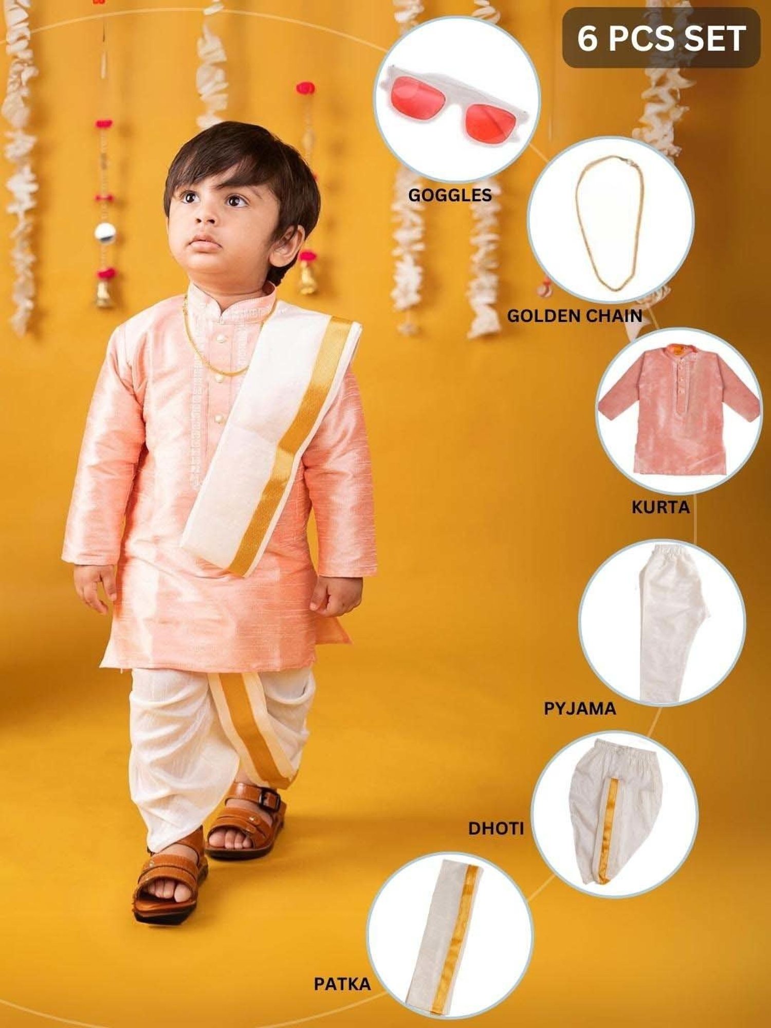 Baby Moo Kids Peach & White Regular Fit Full Sleeves Kurta Set