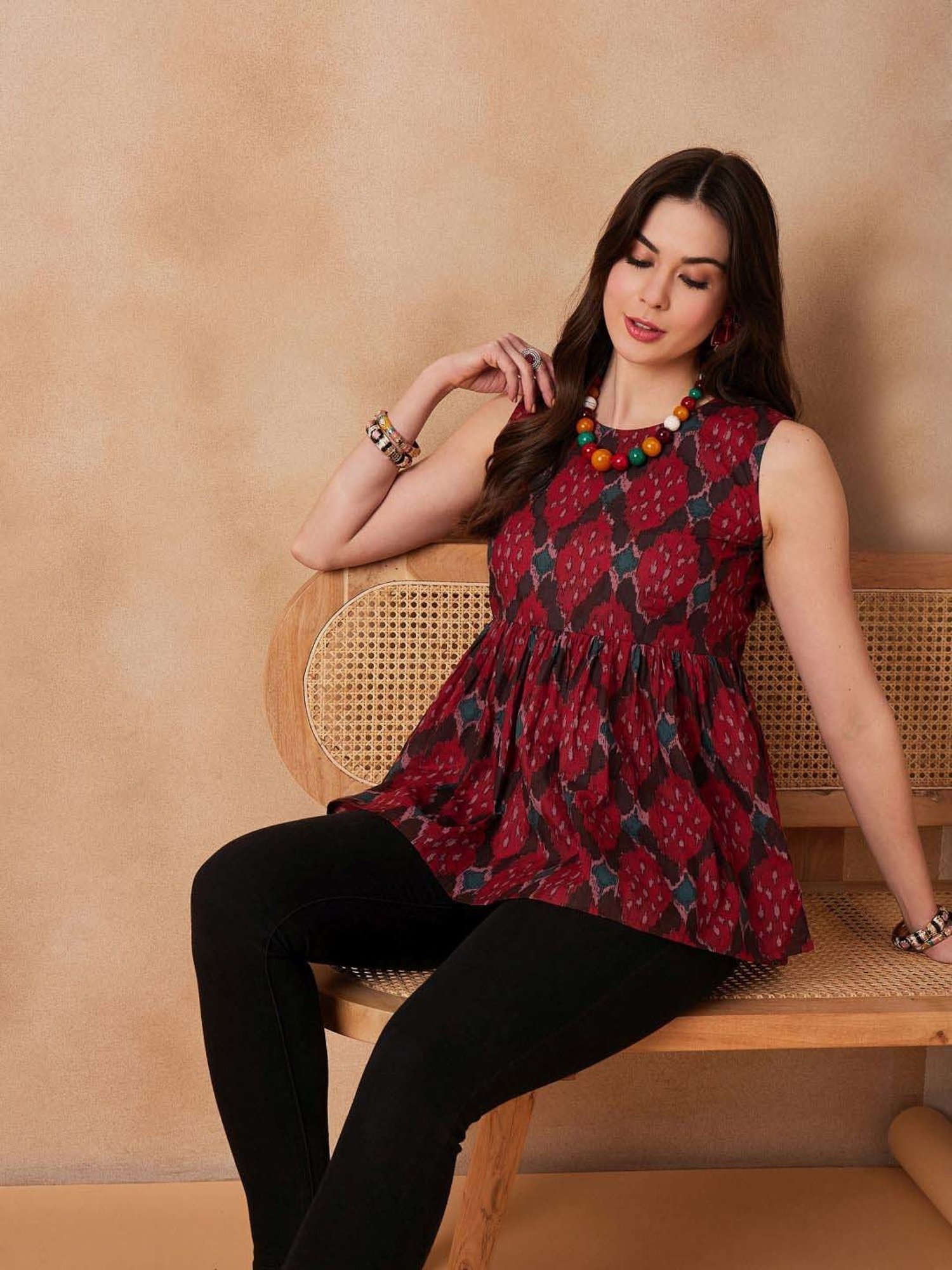 Inweave Red Cotton Printed Top