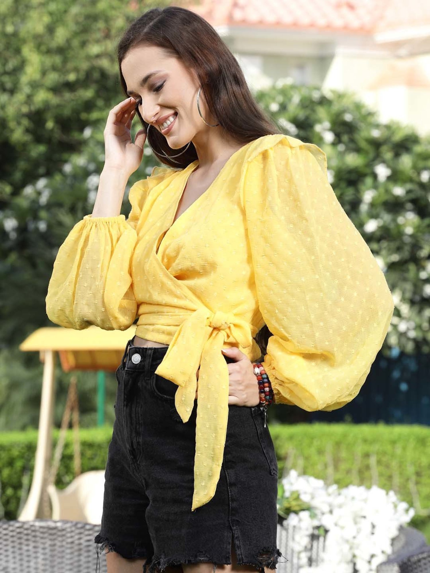 Sera Yellow Self Pattern Crop Top