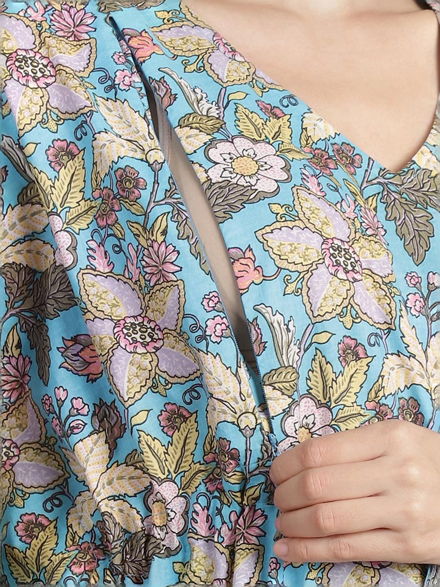 Secret Wish Sky Blue Cotton Floral Print Kaftan