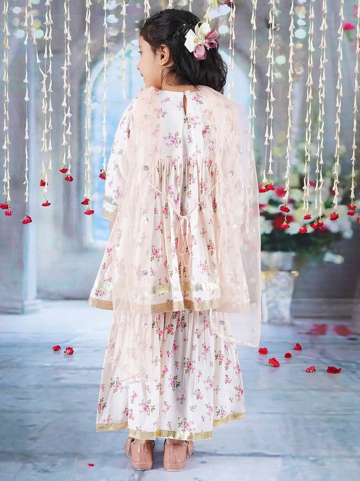 Little Bansi Pink & White Cotton Floral Print Kurta Set