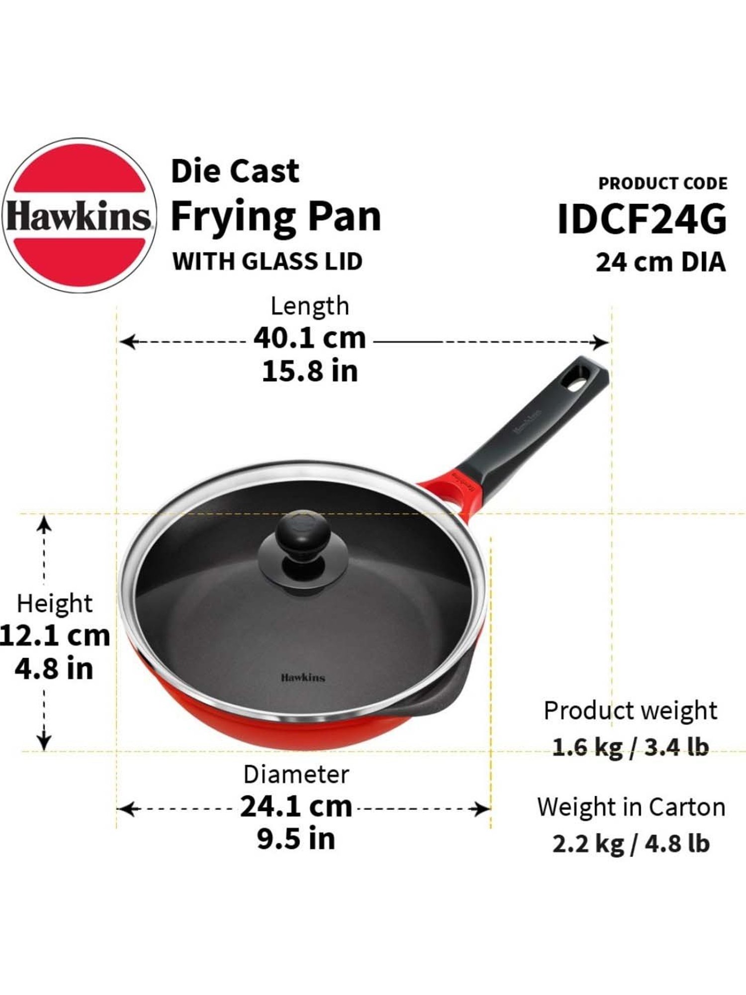 Hawkins Die-Cast Red & Transparent Aluminium 24.1 cm Non-Stick Fry Pan With Lid - Set of 1