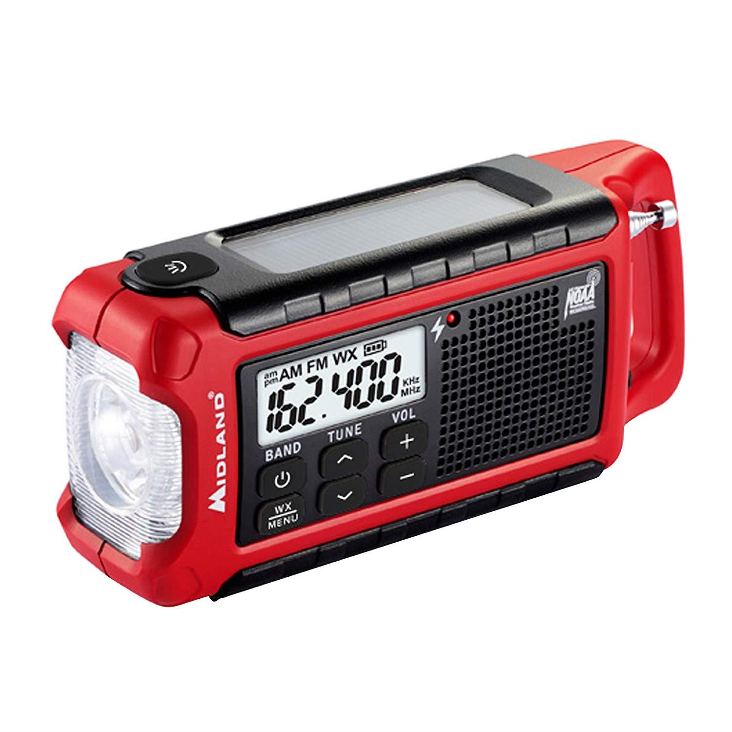 Midland - ER210, Emergency Compact Crank Weather AM/FM Radio - Multiple Power Sources, SOS Emergency Flashlight, NOAA Weather Scan + Alert, & Smartphone/Tablet Charger (Red/Black)