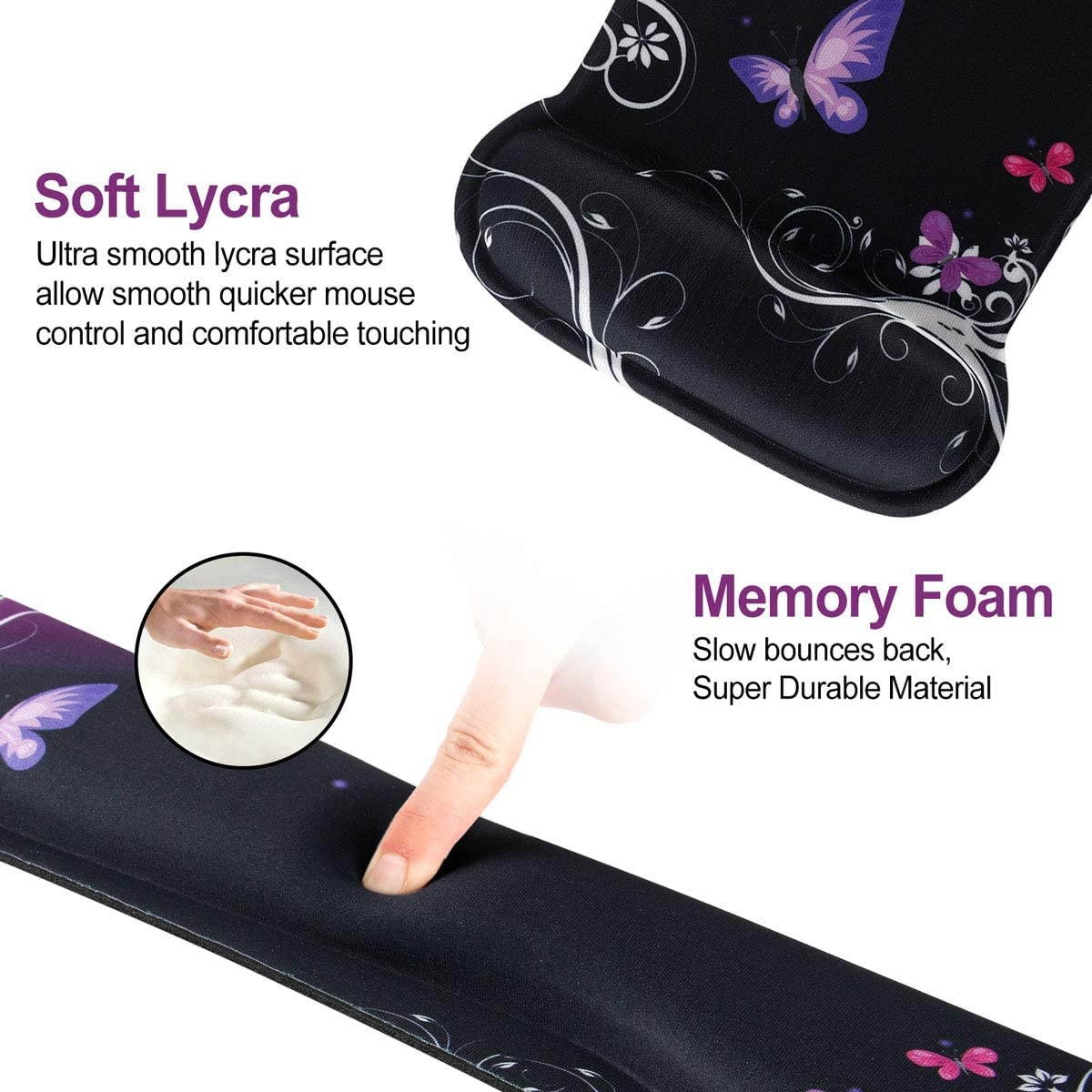 Keyboard Wrist Rest Pad Ergonomic Mouse Pad Set ToLuLu Mouse Pad for Computer Laptop Non Slip Mousepad Keyboard Wrist Support with Raised Memory Foam for Easy Typing Pain Relief Purple Butterfly