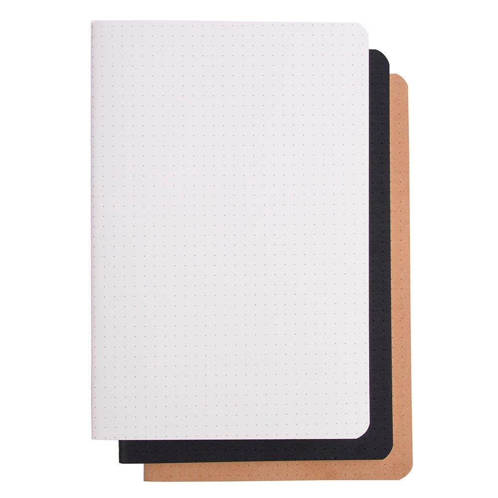 (Set of 3) A5 Dotted Notebook/Travel Journal - 5.5 x 8.25 Dot Grid Paper for Bullet Journaling, Total 120 Sheets/240 Pages, Black/White/Kraft Brown Cover