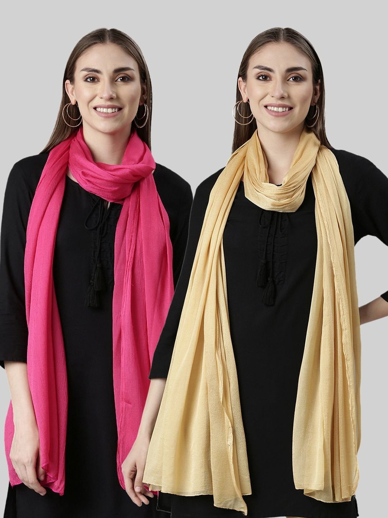 TWIN BIRDS Pink & Golden Plain Dupatta - Pack Of 2