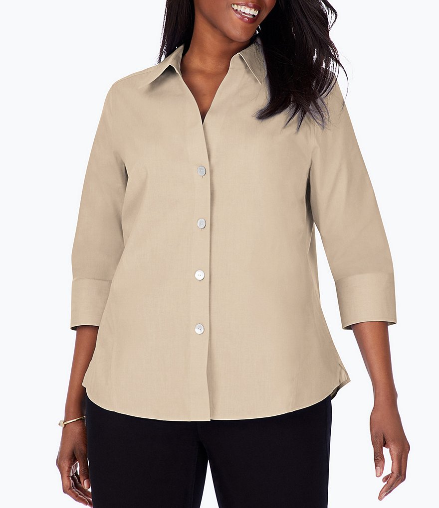 Foxcroft Plus Size Point Collar Neck 3/4 Sleeve Paityn Solid Shirt