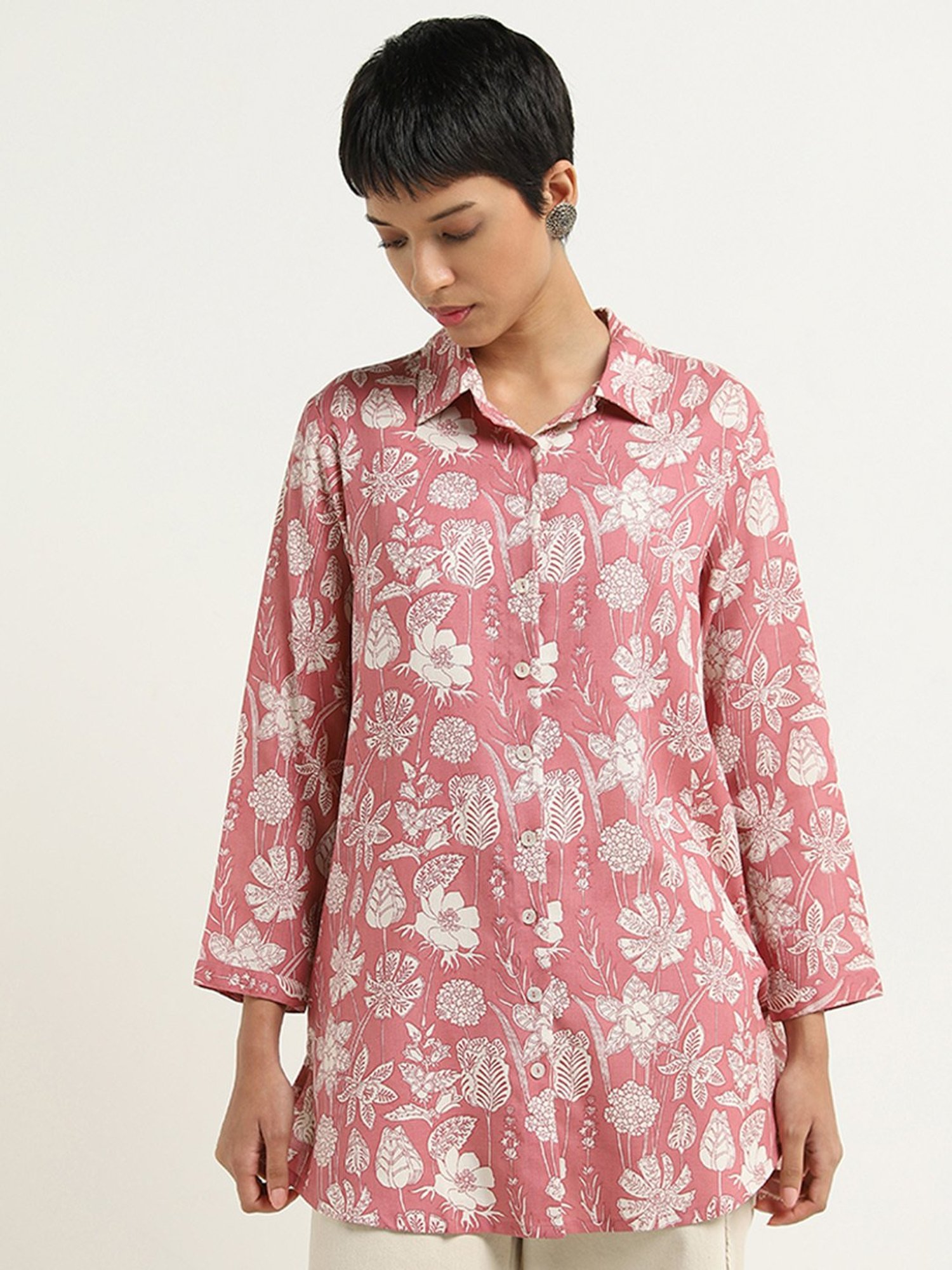 Utsa by Westside Light Red Floral Design Straight Tunic
