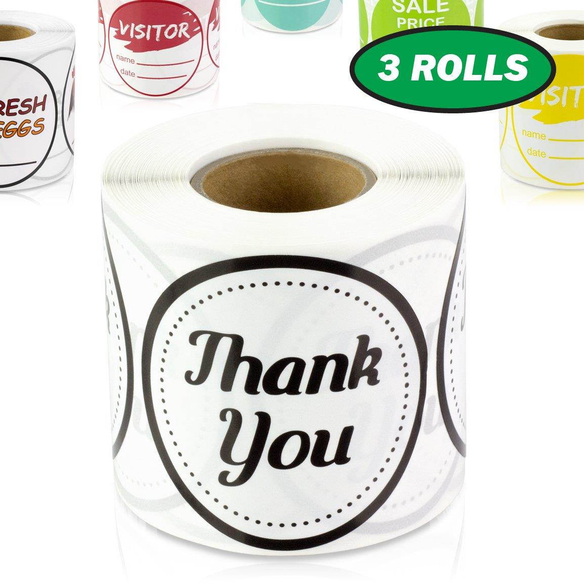 Thank You 2 inch Round Labels Stickers for Wedding, Birthday, Event, Thanks Envelope, Gift Box Labels Black 3 Rolls