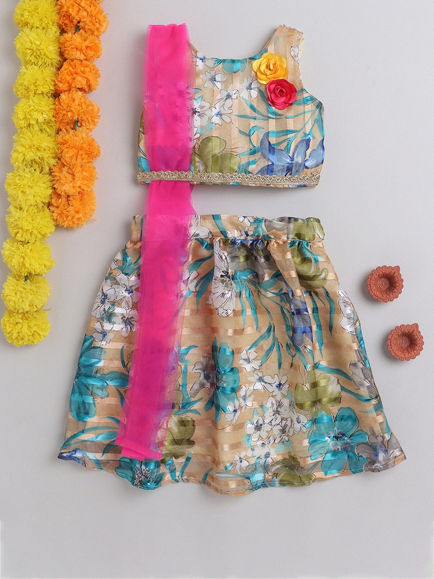 Many Frocks Kids Green & Pink Floral Print Lehenga, Choli with Dupatta