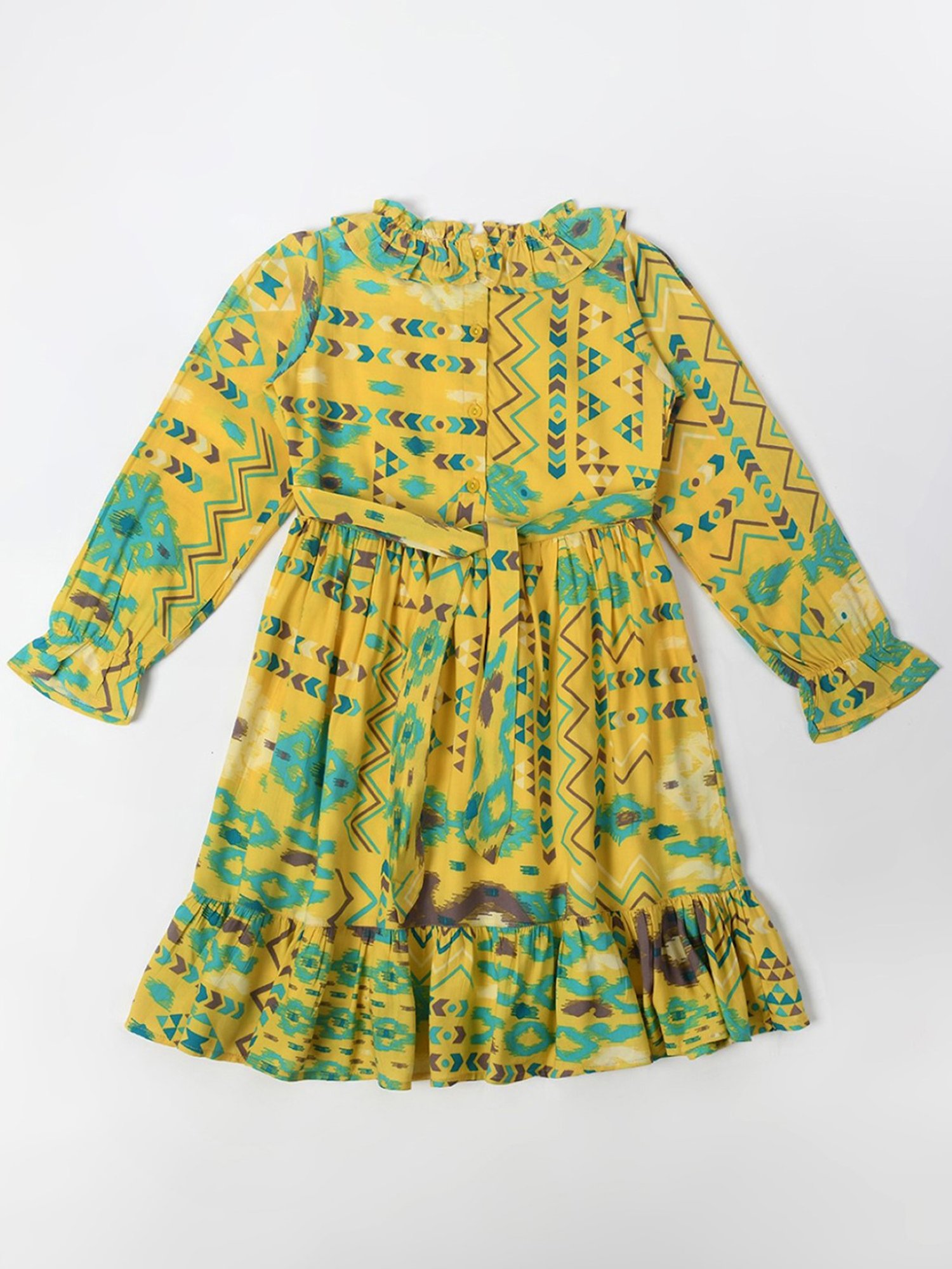 Bella Moda Kids Yellow & Blue Printed Full Sleeves Fit & Flare Dress