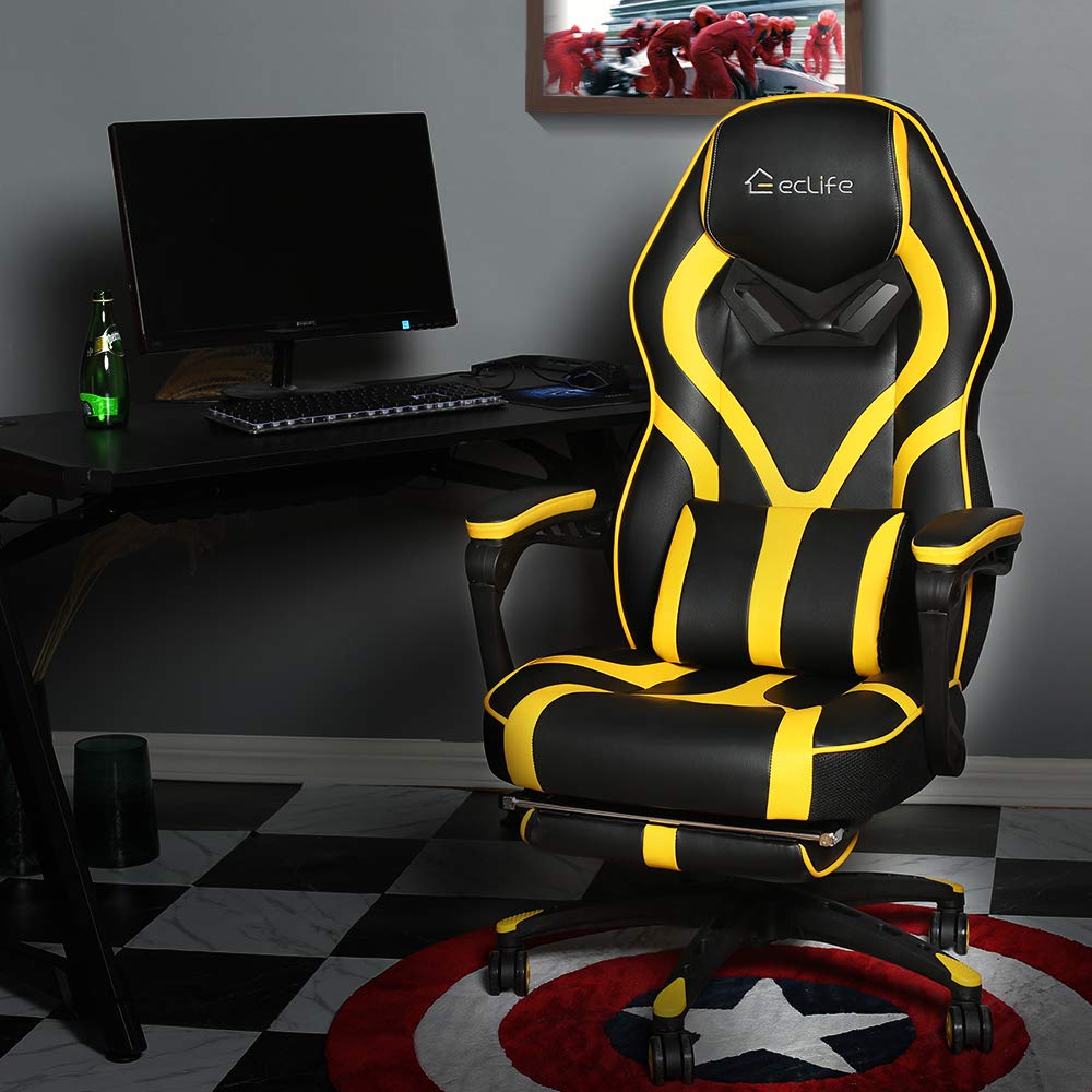 Eclife Gaming Chair Office Chair High Back Computer Chair Leather Desk Chair Ergonomic Adjustable Swivel Task Chair with Massage Lumbar Support and Footrest