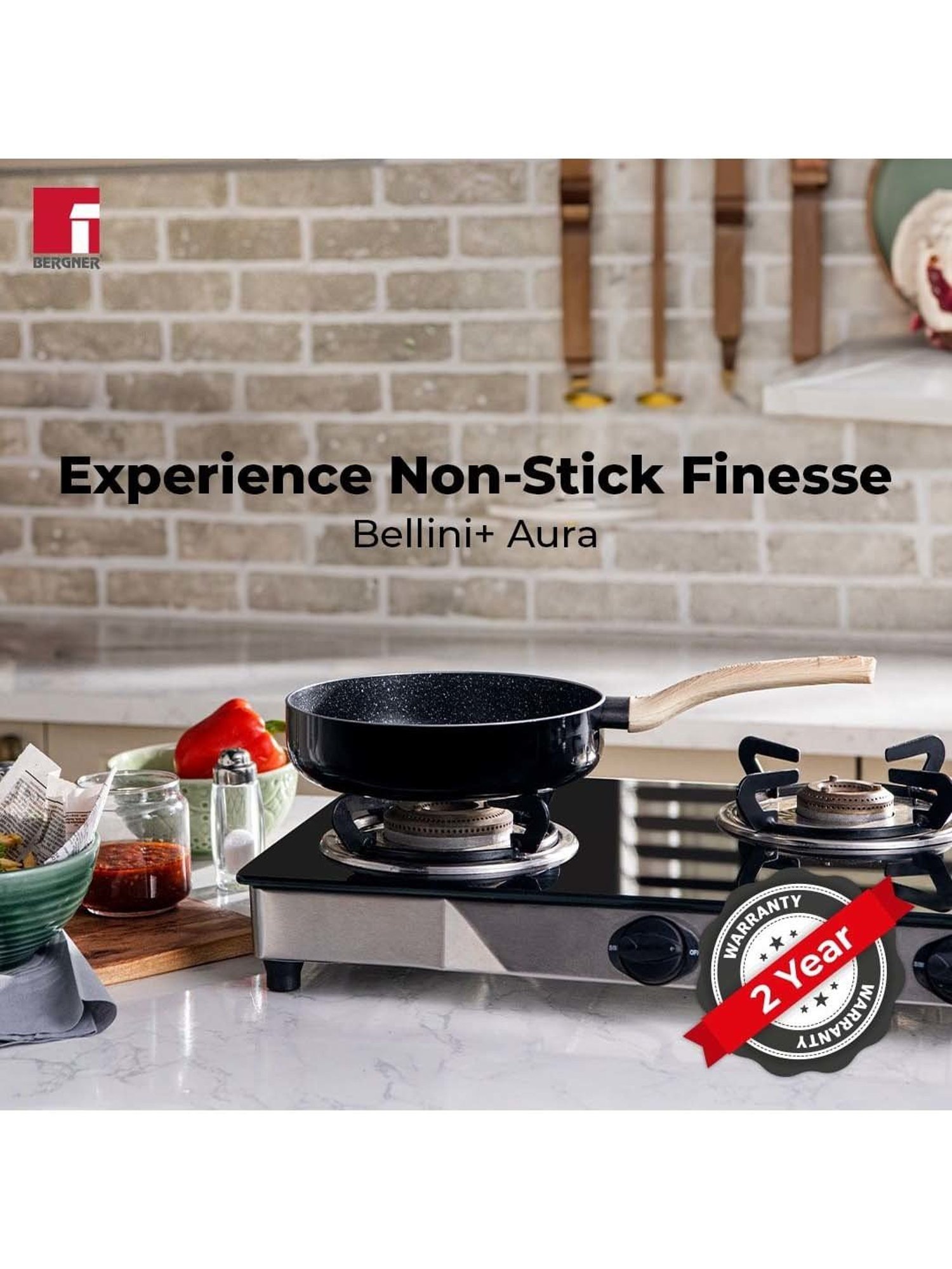 Bergner Bellini & Aura Black 20 cm Induction Deep Frypan With Wooden Finish Handle (1.8 L)