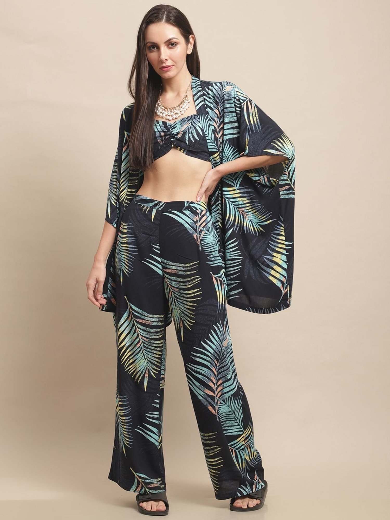 Claura Navy Printed Crop Top Pyjama With Robe Beachwear Set