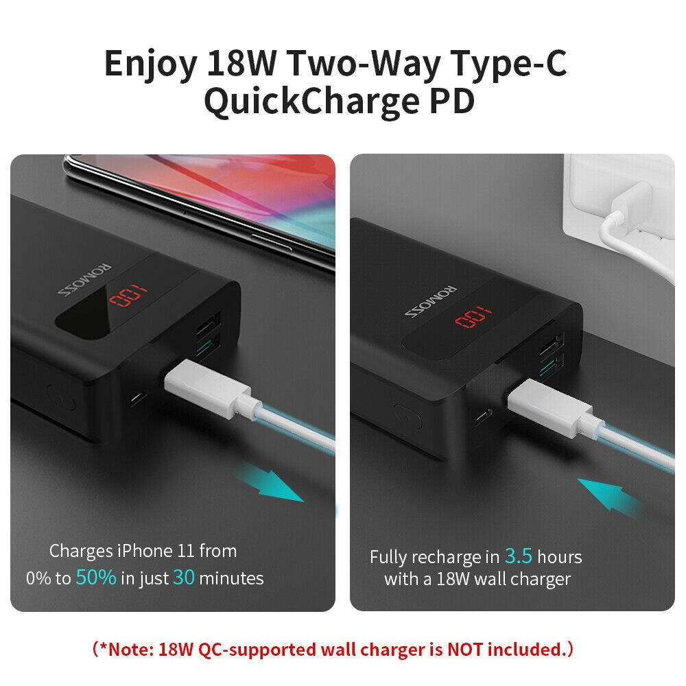 18W PD QC Power Bank USB-C Portable Charger for iPhone 12/11/X/XS