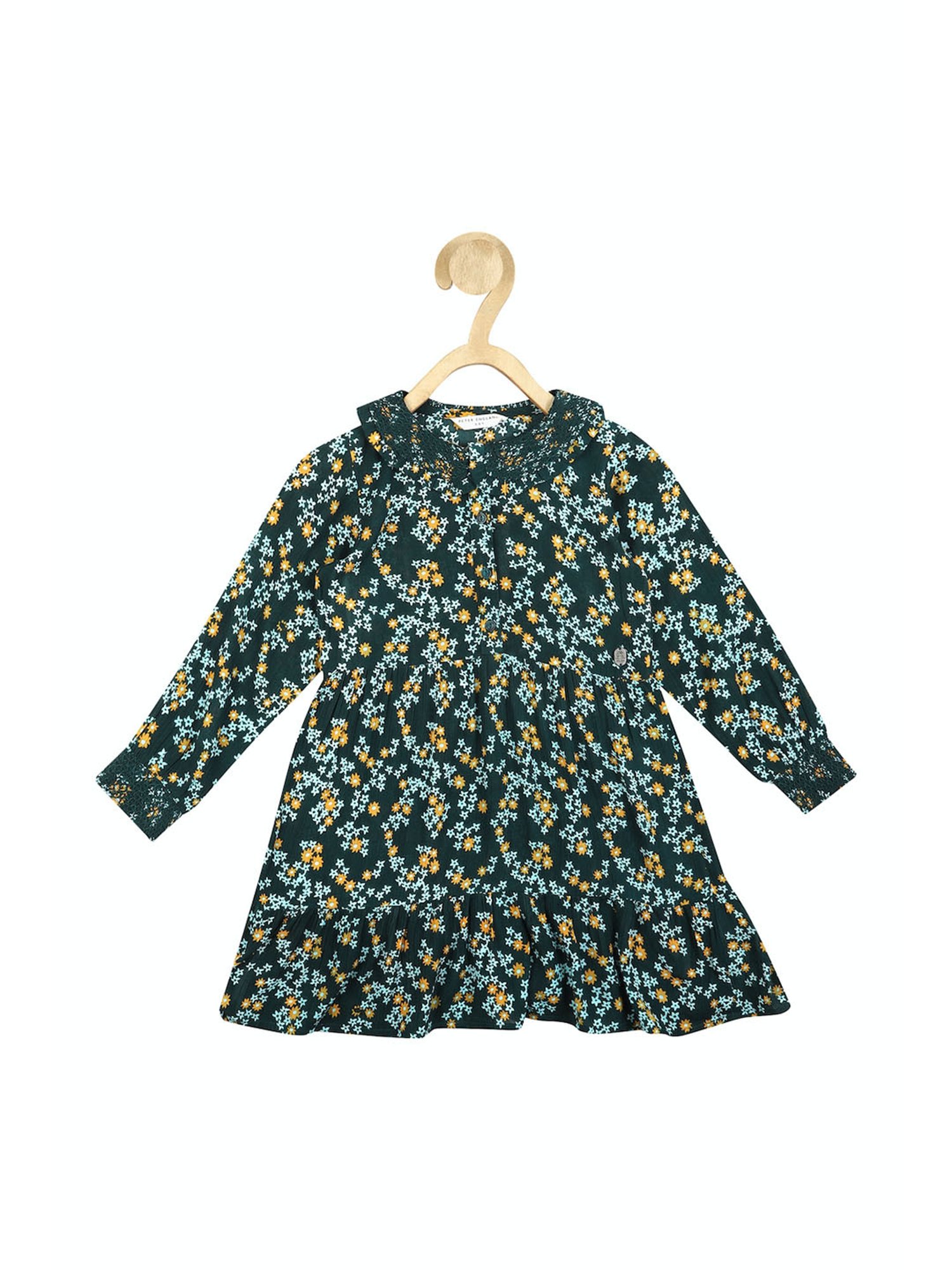 Peter England Kids Dark Green Floral Print Full Sleeves Dress