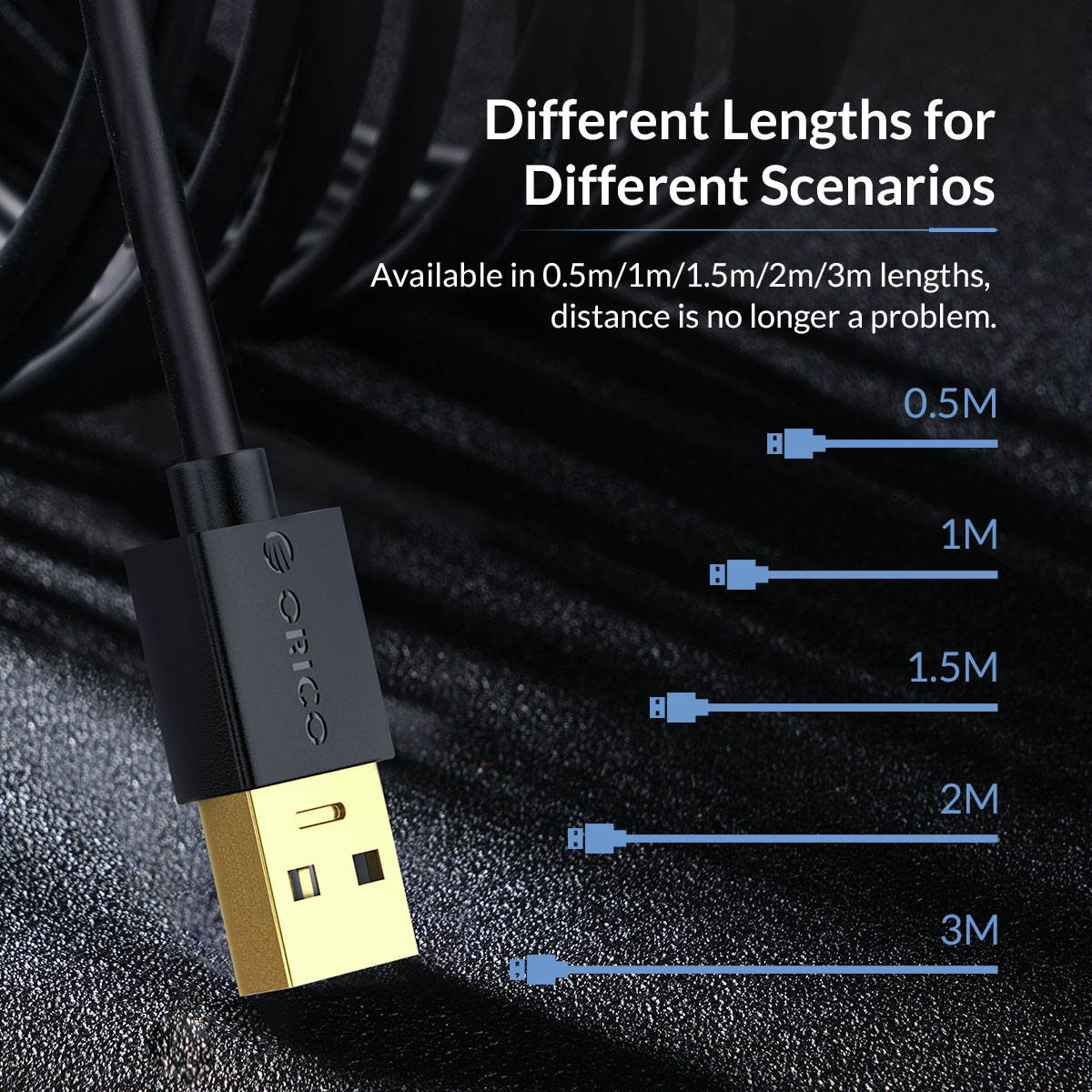 ORICO USB2.0 to USB 2.0 Male to Female Extension Cable - Black /Silver with Gold Plated Connectors 1.64ft-10ft 0.5m to 3m