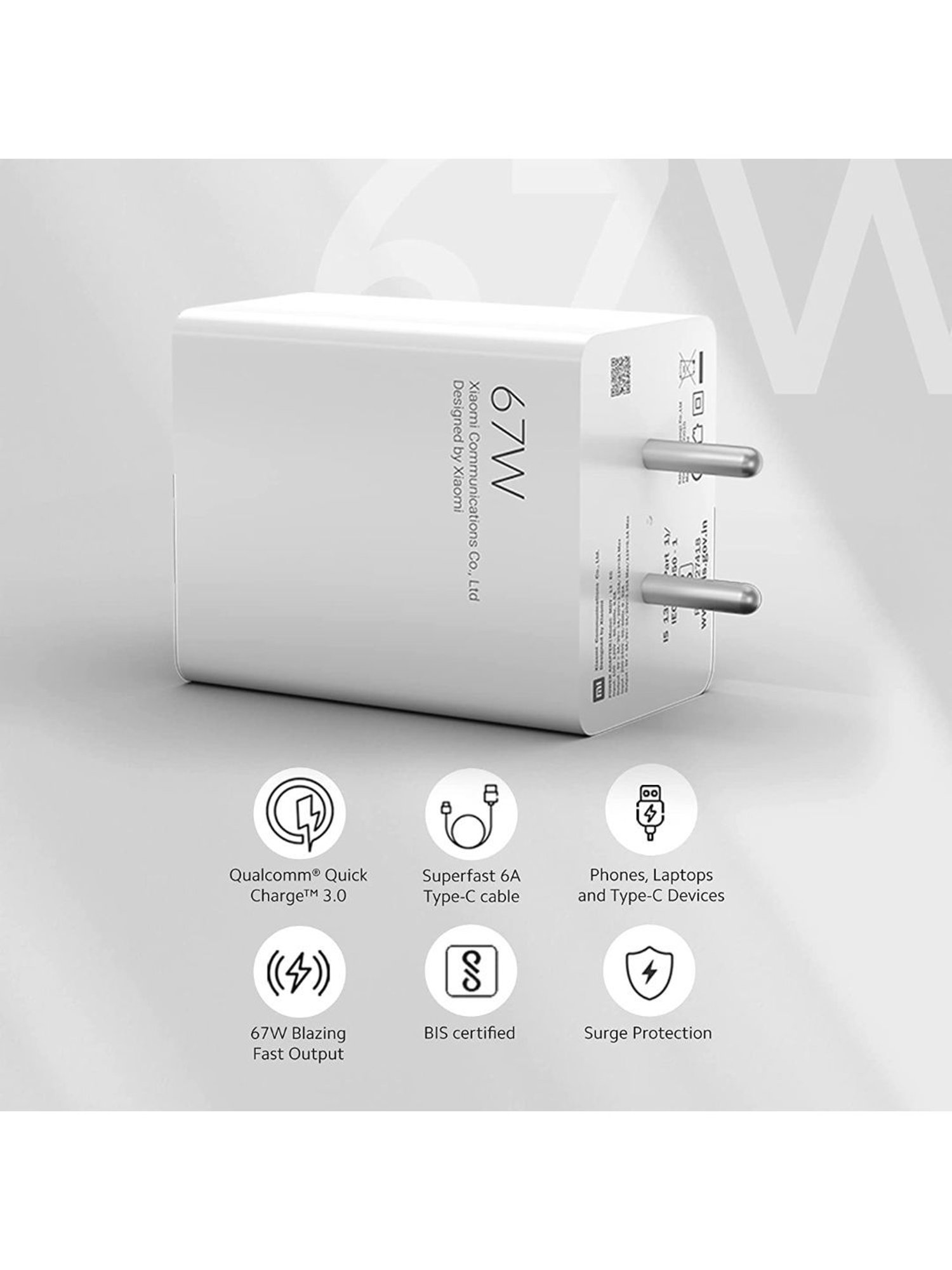 Mi 67W SonicCharge 3.0 Charger Combo, Superfast 6A Type C Cable (White)