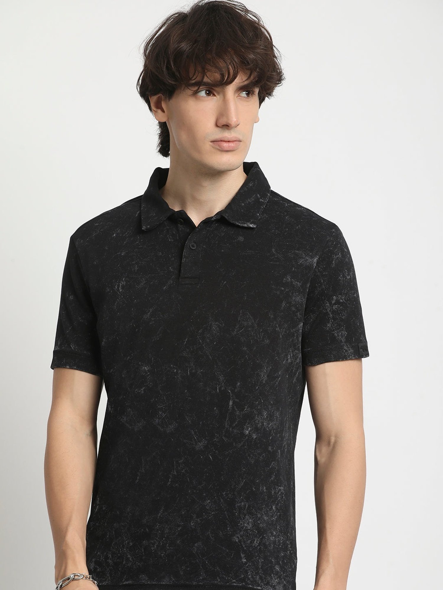 The Bear House Black Cotton Regular Fit Printed Polo T-Shirt