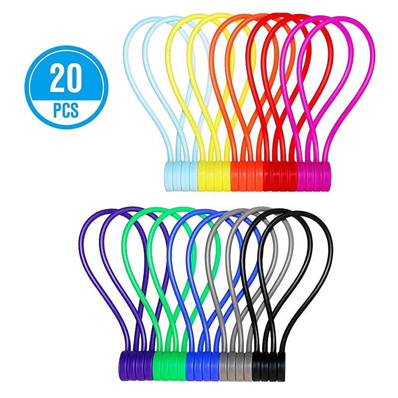 Reusable Silicone Magnetic Cable Ties/Magnetic Twist Ties for Bundling or Organizing Cables/Cords, Hanging or Holding Stuff (10 Colors-20 Pack)
