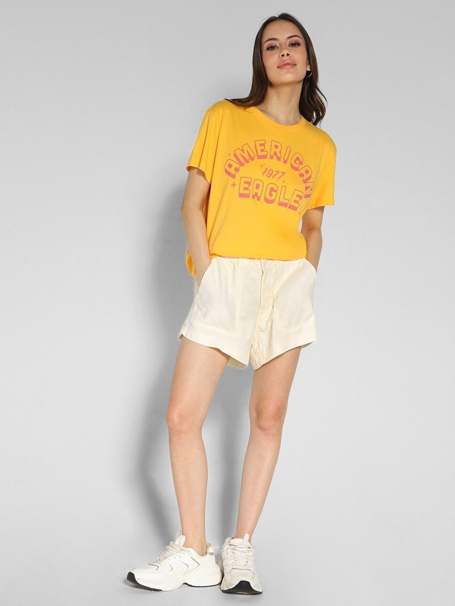 American Eagle Outfitters Yellow Cotton Graphic Print Oversized T-Shirt