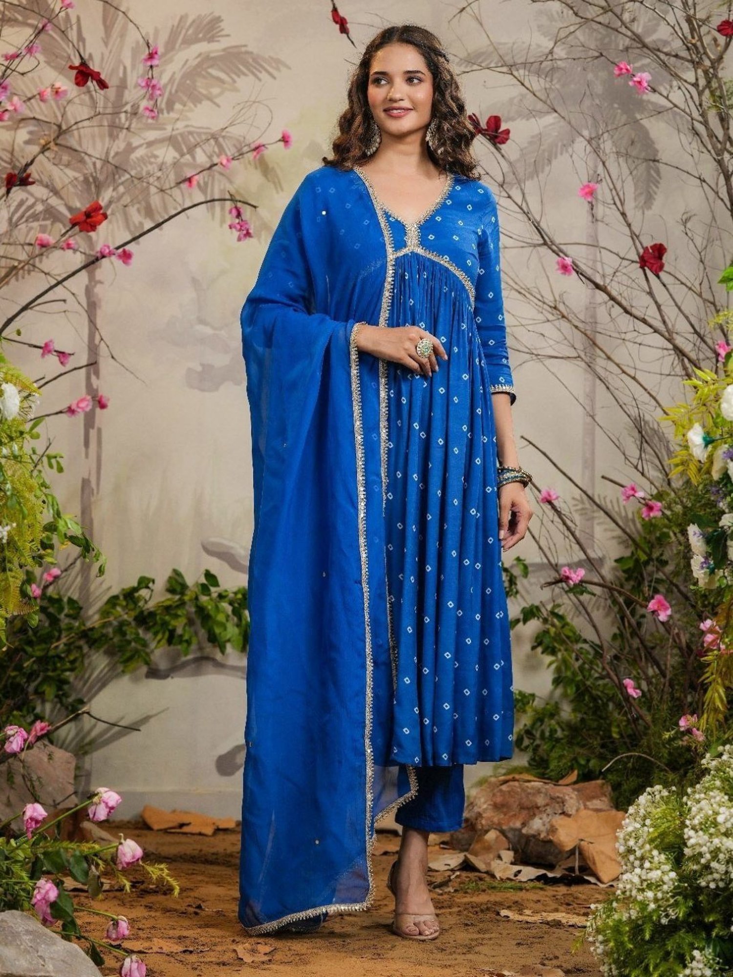 Everbloom Blue Meenal Bandhej Alia Cut Kurti With Pant & Dupatta