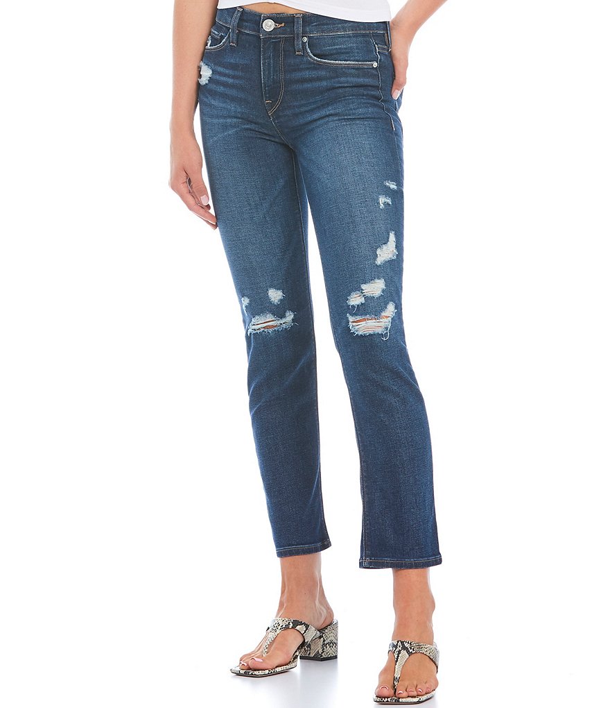 Hudson Jeans Nico Mid Rise Destruction Detail Straight Leg Crop Jeans