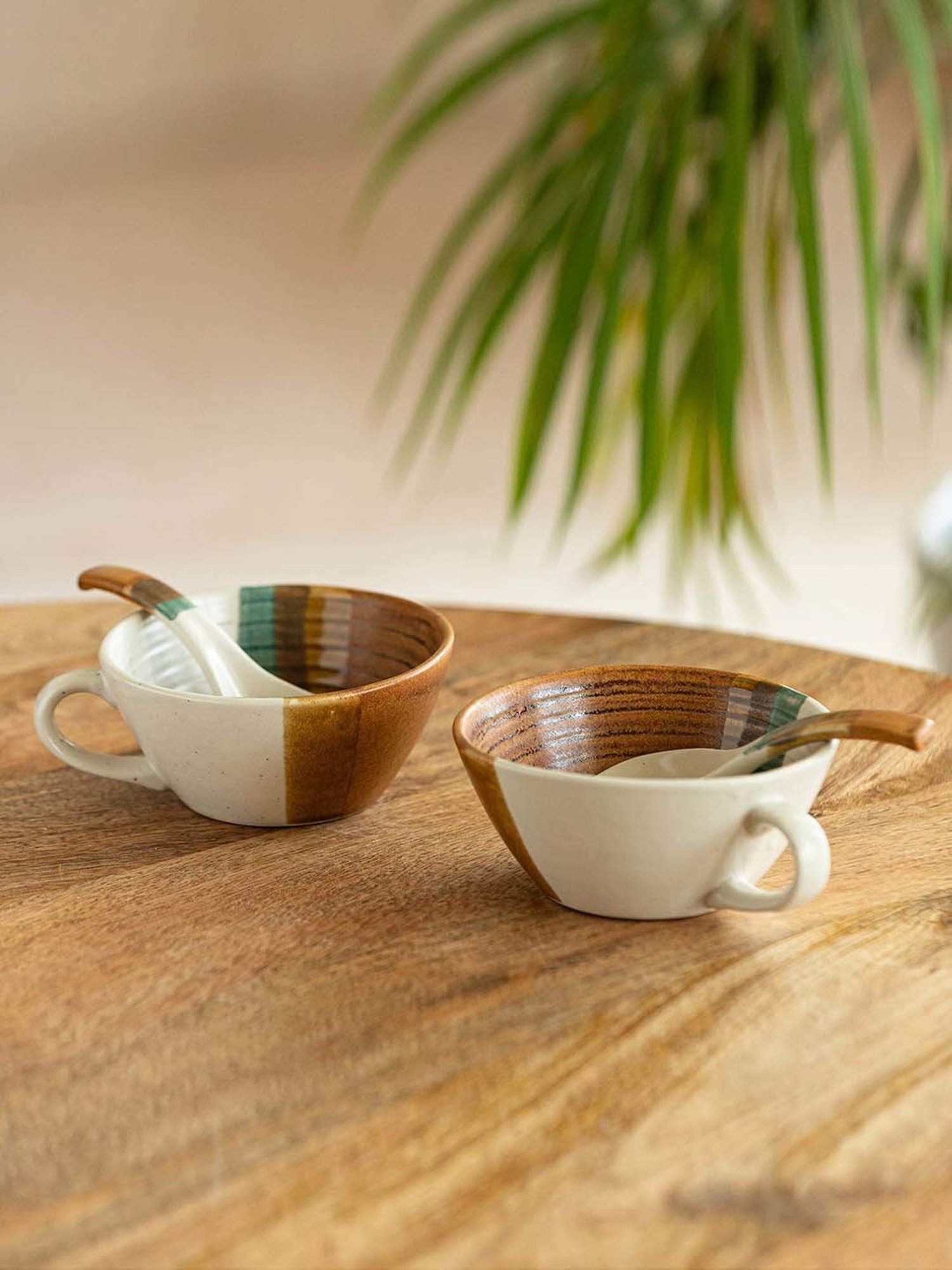 ExclusiveLane Zen Garden Brown & Green Ceramic Hand Glazed Soup Bowl With Spoon (0.22 L) - Set of 2