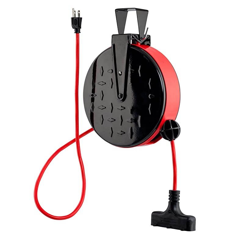 30 ft Retractable Extension Cord Reel Ceiling or Wall Mount 16 gauge Red and Black