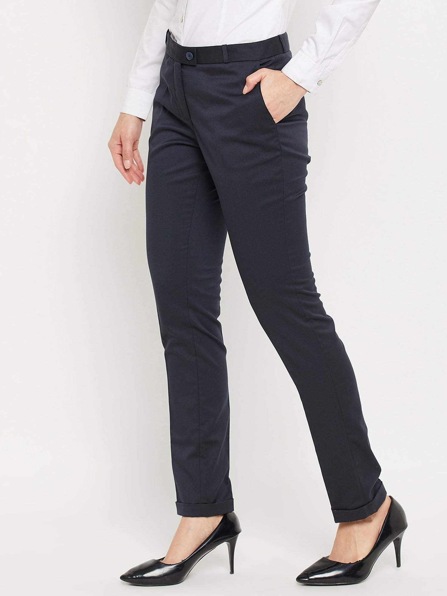 Crozo By Cantabil Dark Navy Mid Rise Flat Front Trousers