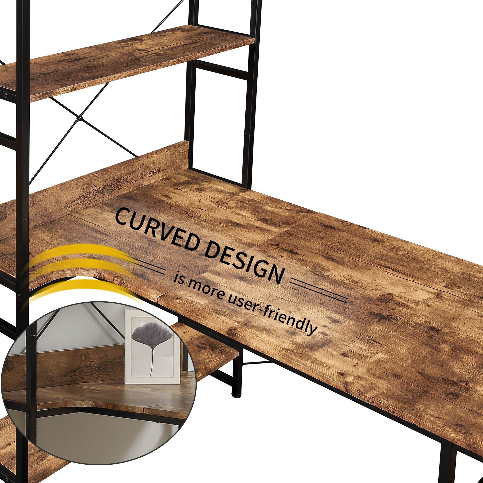 Home Office Computer Desk Gaming Desk with Steel frame and MDF Board,5 Tier Open Bookshelf,Plenty Storage Space