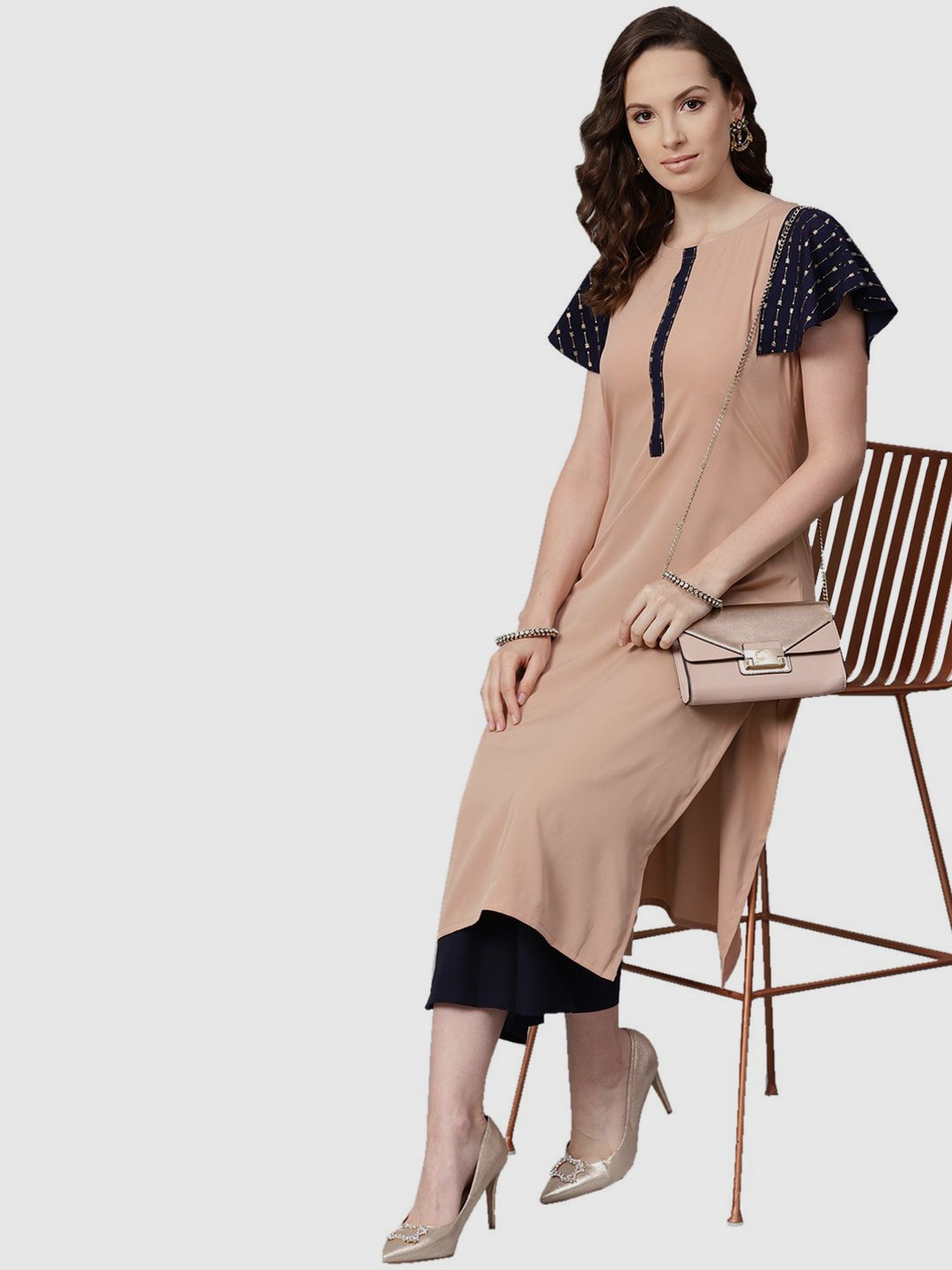 Ziyaa Beige & Black Printed Kurta Palazzo Set