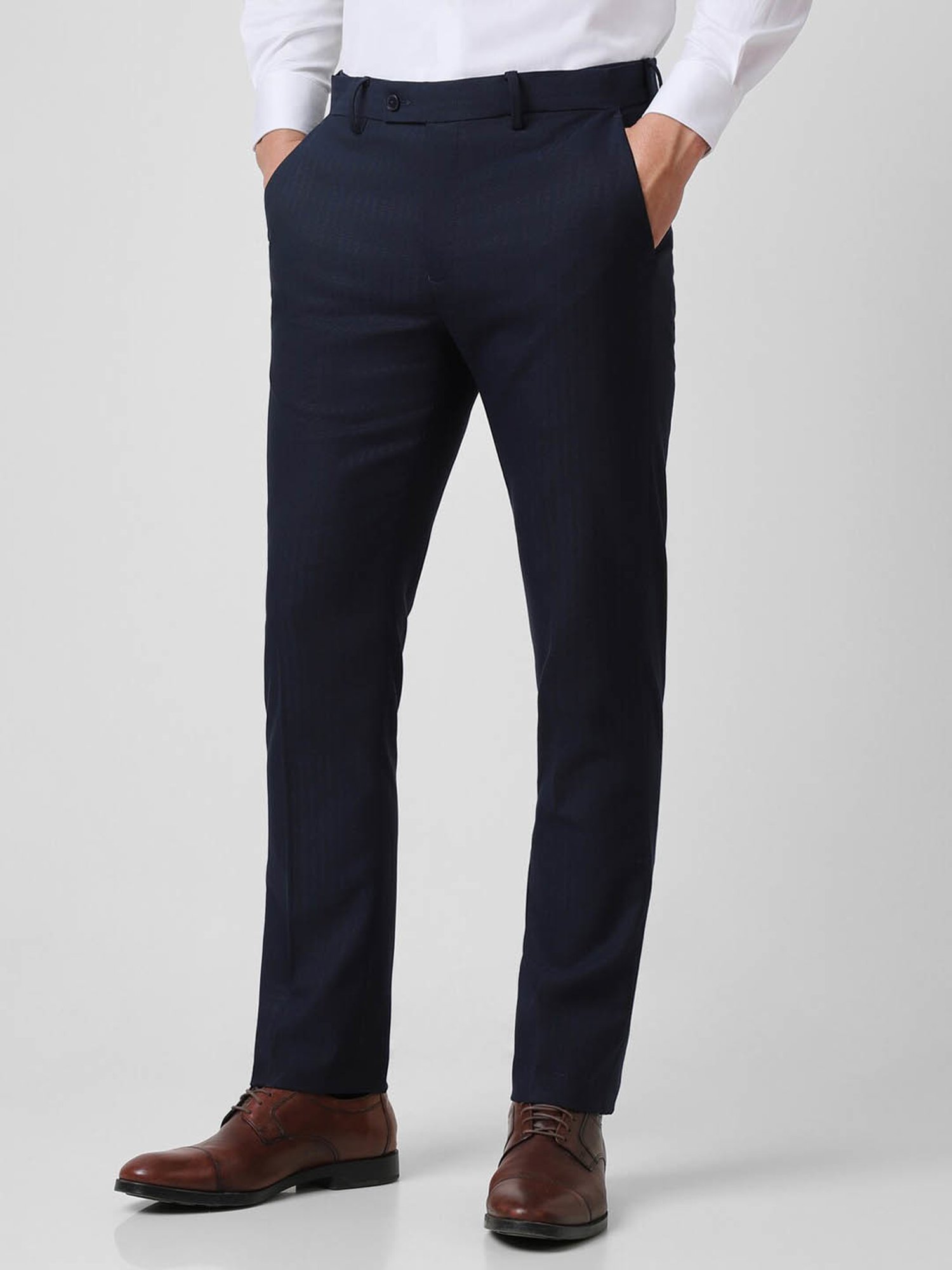 V Dot Navy Skinny Fit Striped Trousers