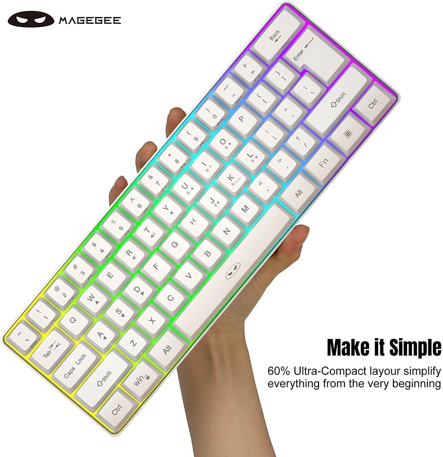 MageGee TS91 Mini 60% Gaming/Office Keyboard,Waterproof Keycap Type Wired RGB Backlit Compact Computer Keyboard for Windows/Mac/Laptop (White)