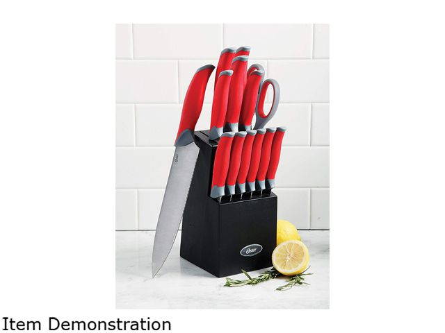Oster 81006.14 Lindbergh 14 Piece Stainless Steel Cutlery Black Block Set, Red Handles