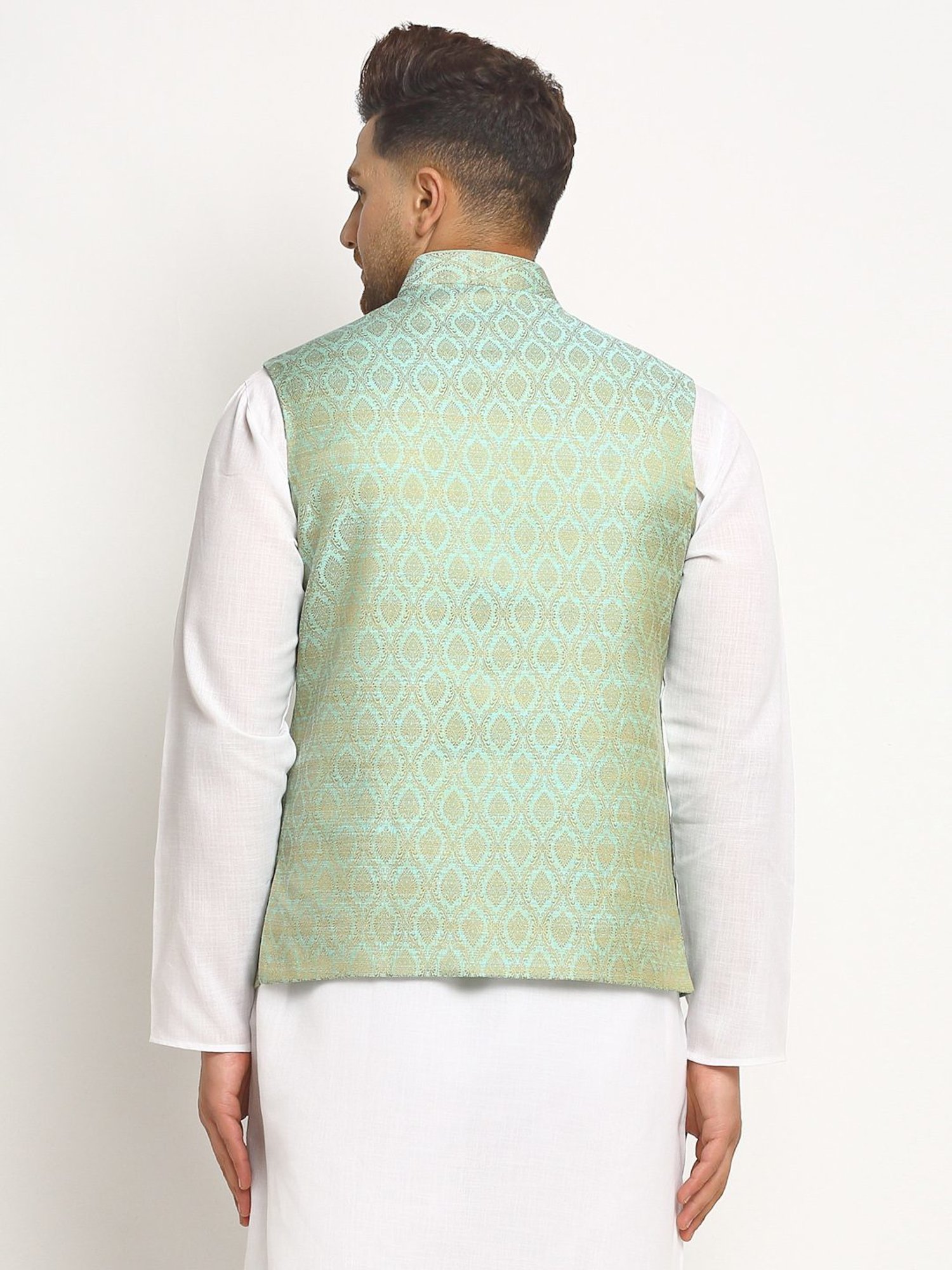 Treemoda Turquoise Green Regular Fit Self Pattern Nehru Jacket