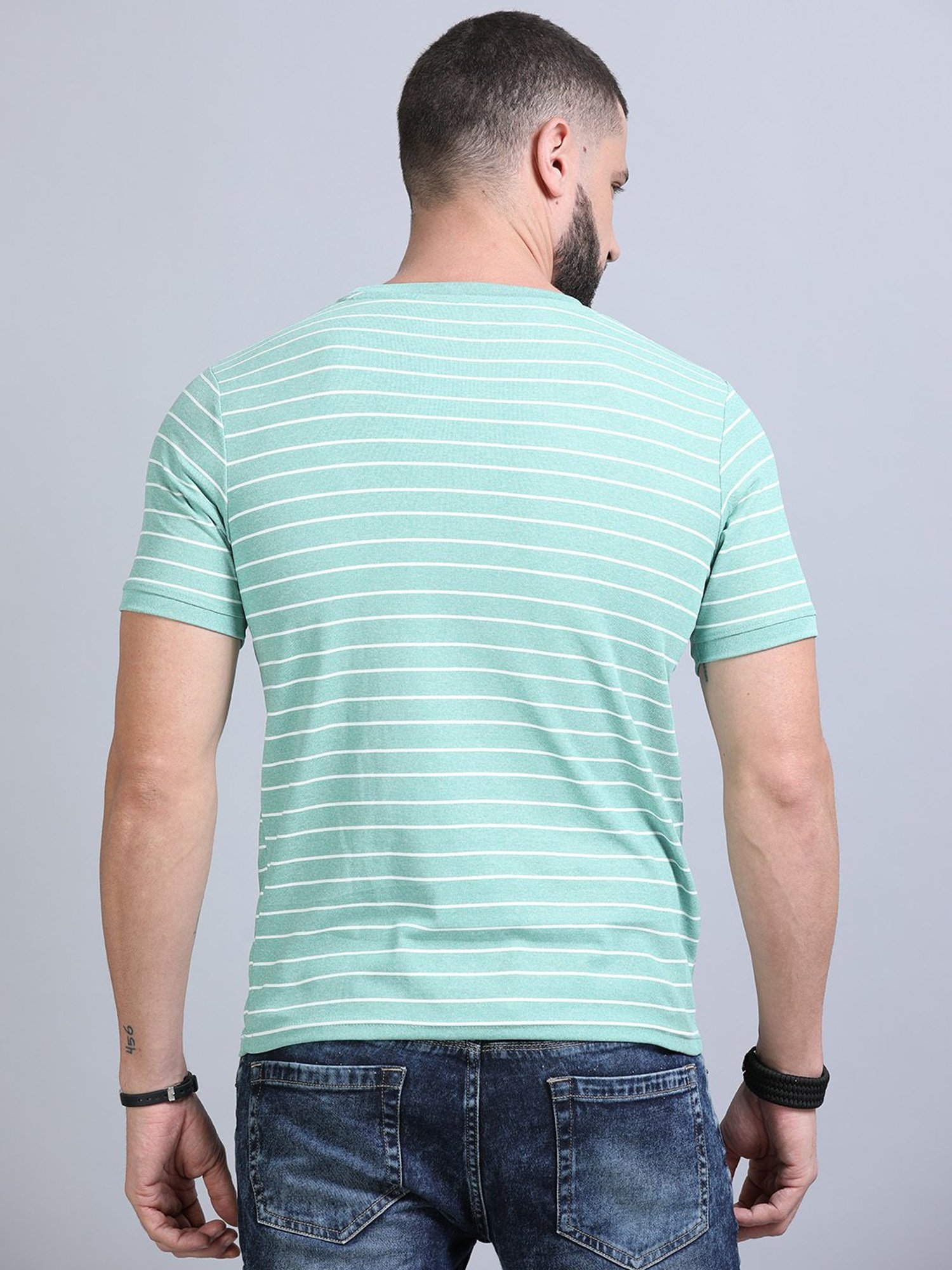 Bushirt Mint Green Regular Fit Striped Crew T-Shirt