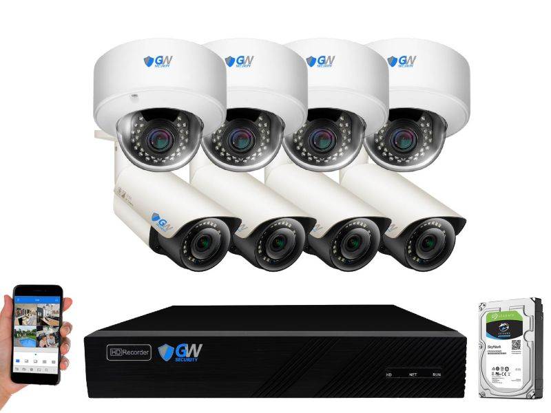GW 8 Channel H.265 4K NVR 5MP 1920P 2.8~12mm Lens, Video Plug & Play IP Security System - 4 x POE 5MP Weatherproof IP Cameras (2TB Hard Drive Included)