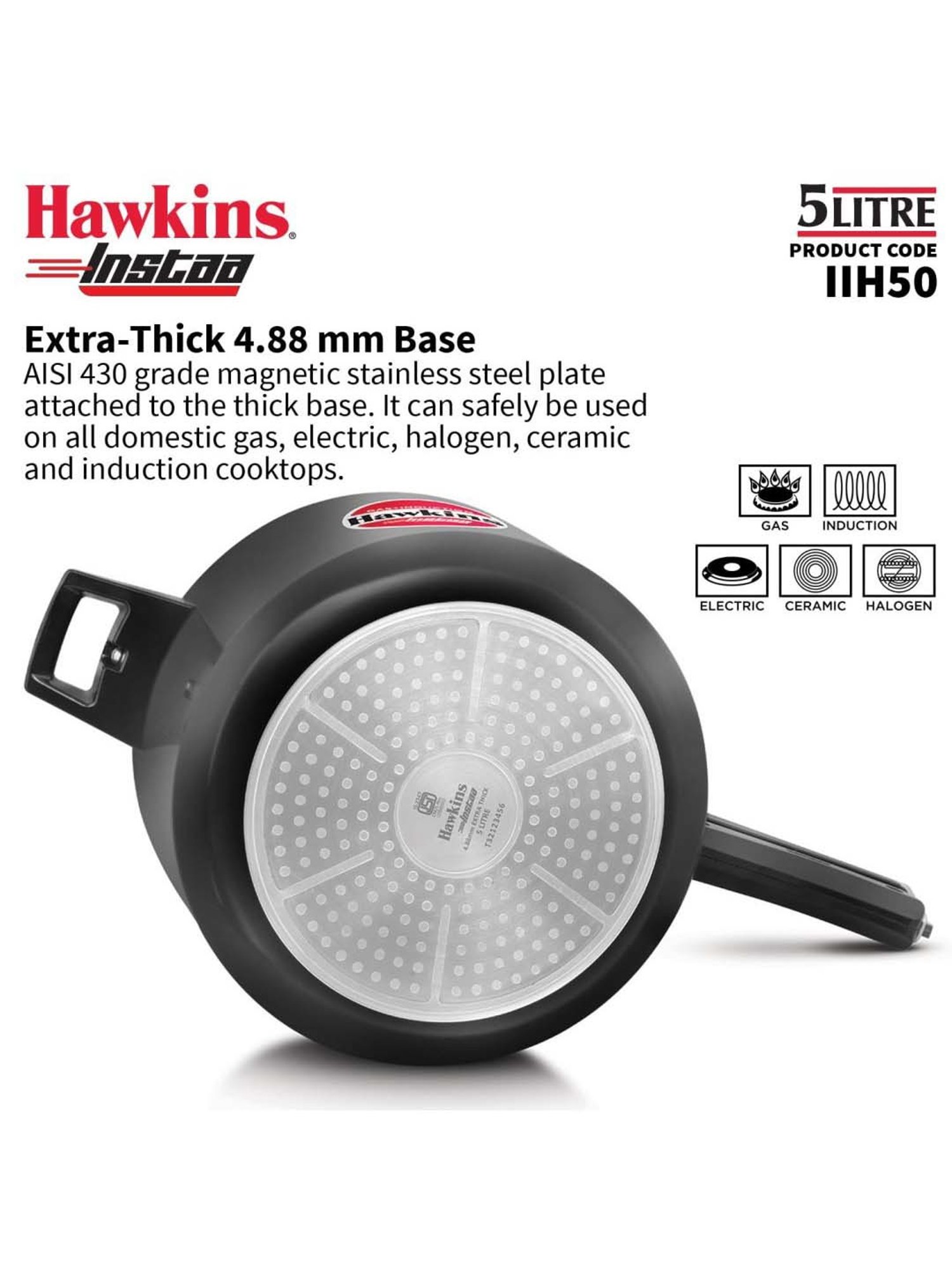 Hawkins Black Aluminium Induction Inner Lid Instaa Hard Anodised Pressure Cooker (Iih50) (5 L)